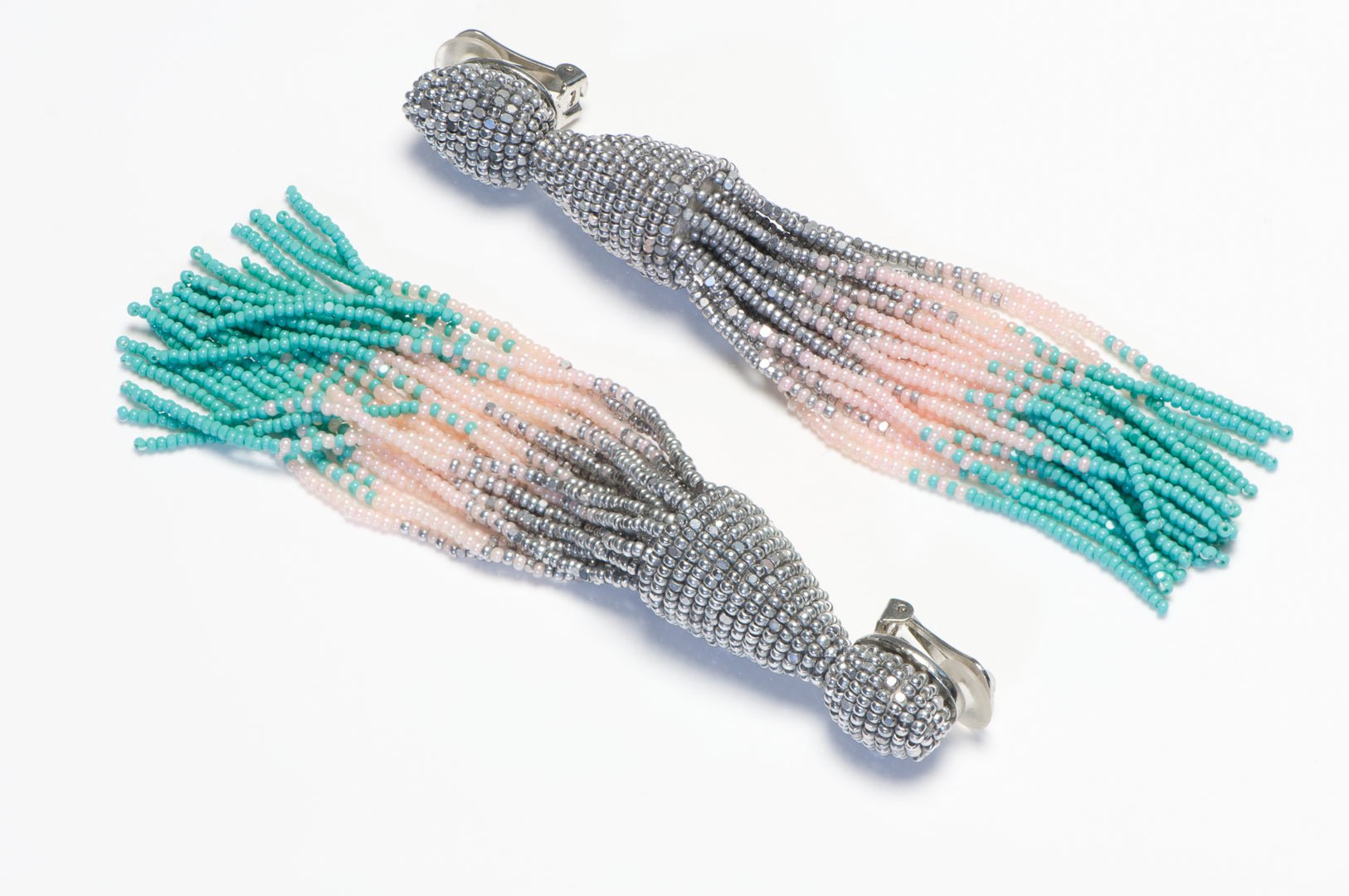 Oscar de la Renta Silver Pink Green Glass Beads Tassel Shoulder Duster Earrings