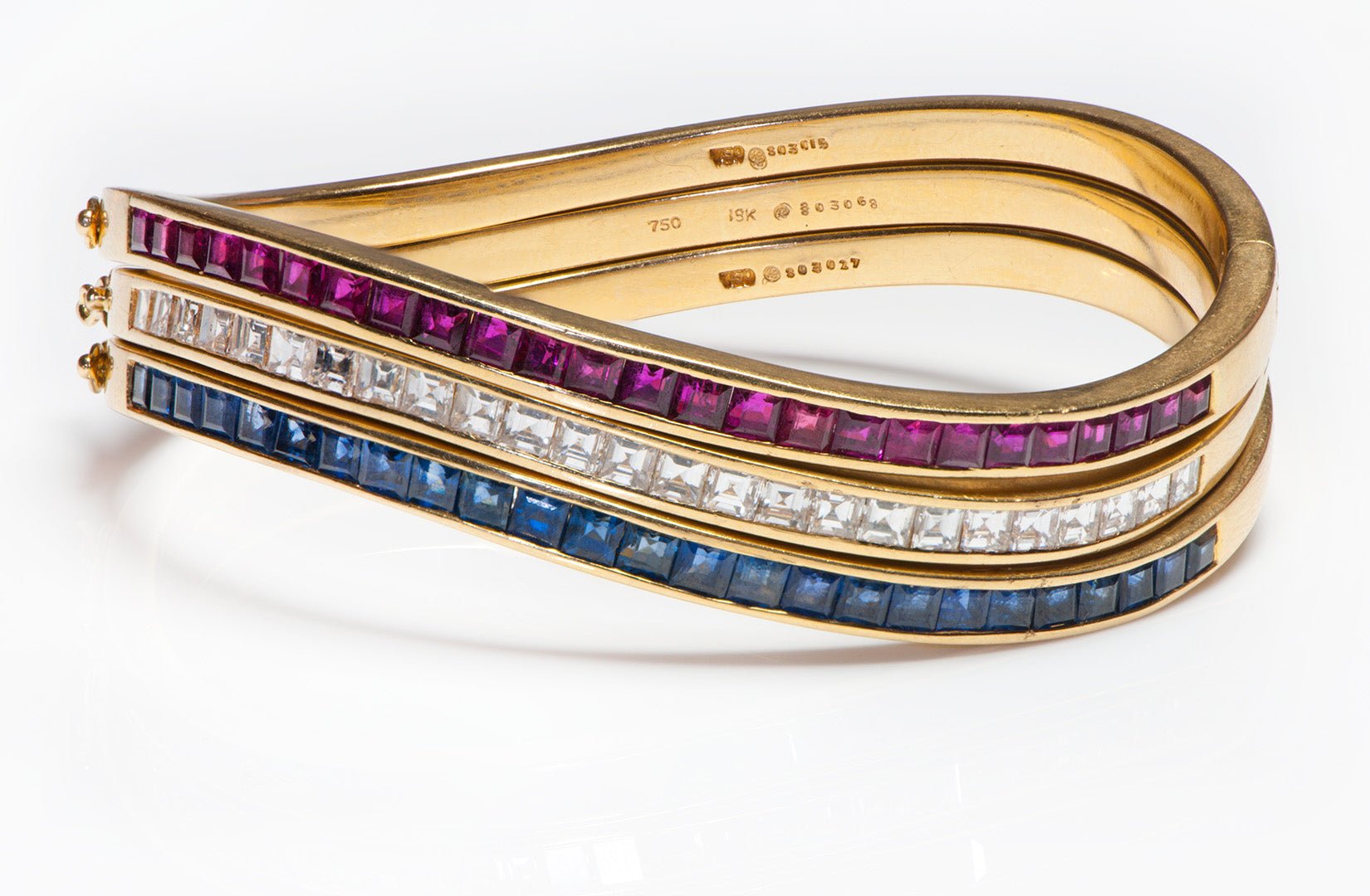 Oscar Heyman Diamond Ruby Sapphire 18K Gold Wave Trio Bracelets