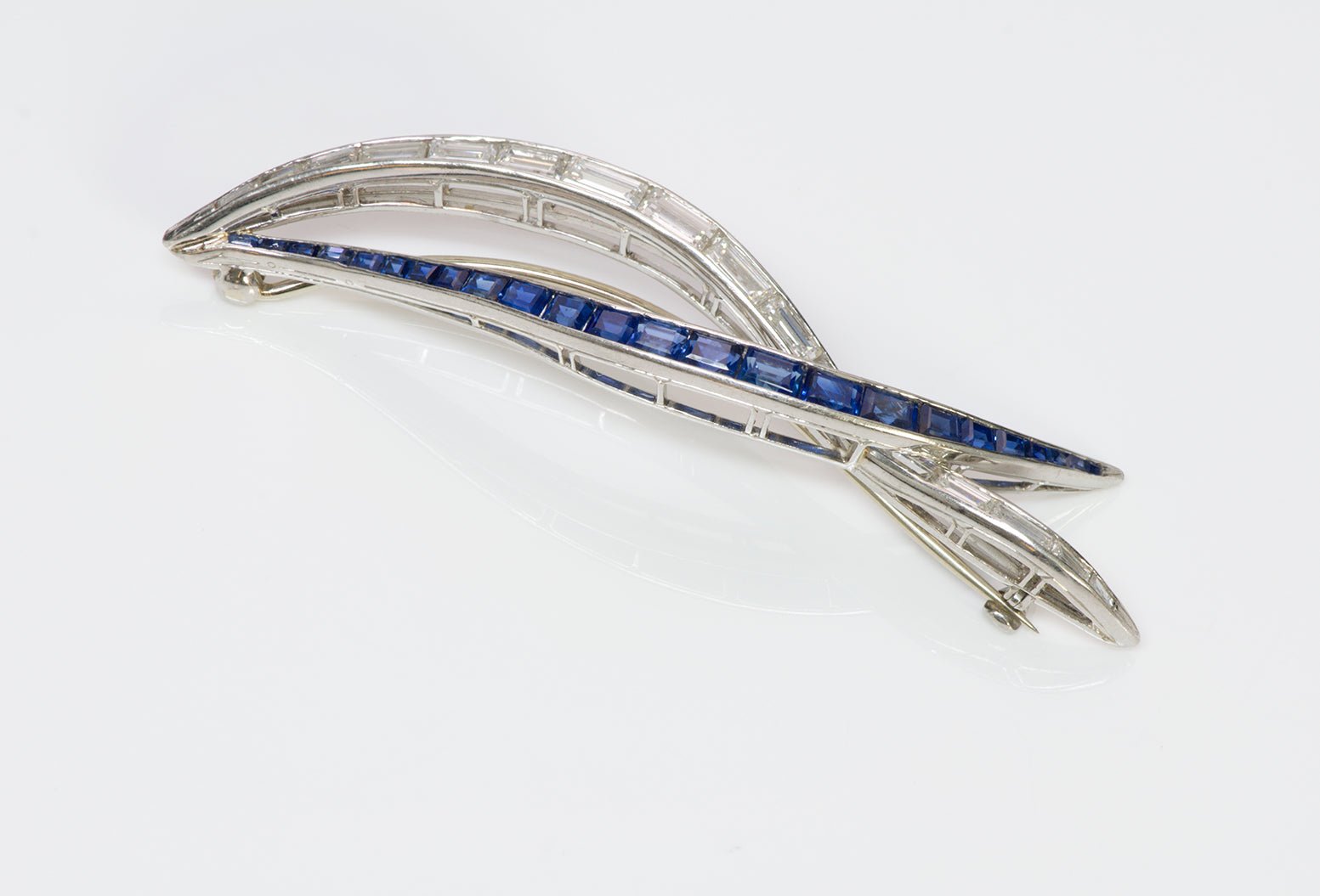 Oscar Heyman Platinum Baguette Diamond Sapphire Brooch