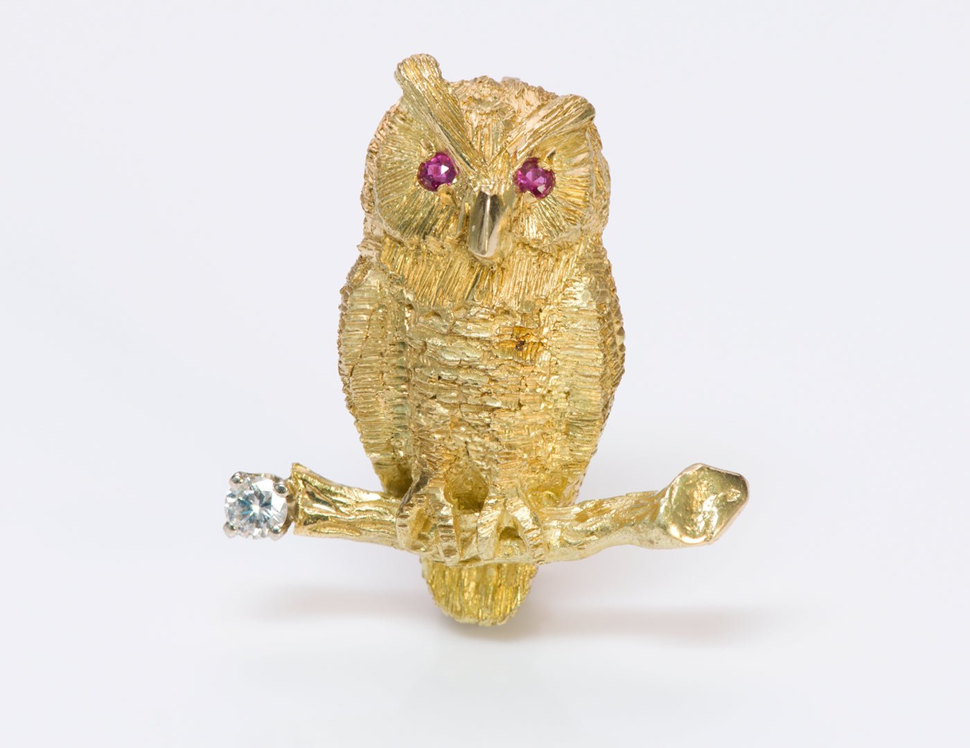 Owl Ruby Diamond 18K Gold Brooch Pin