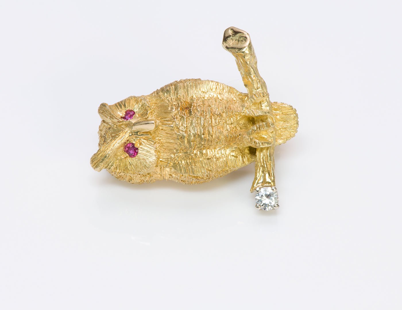 Owl Ruby Diamond 18K Gold Brooch Pin