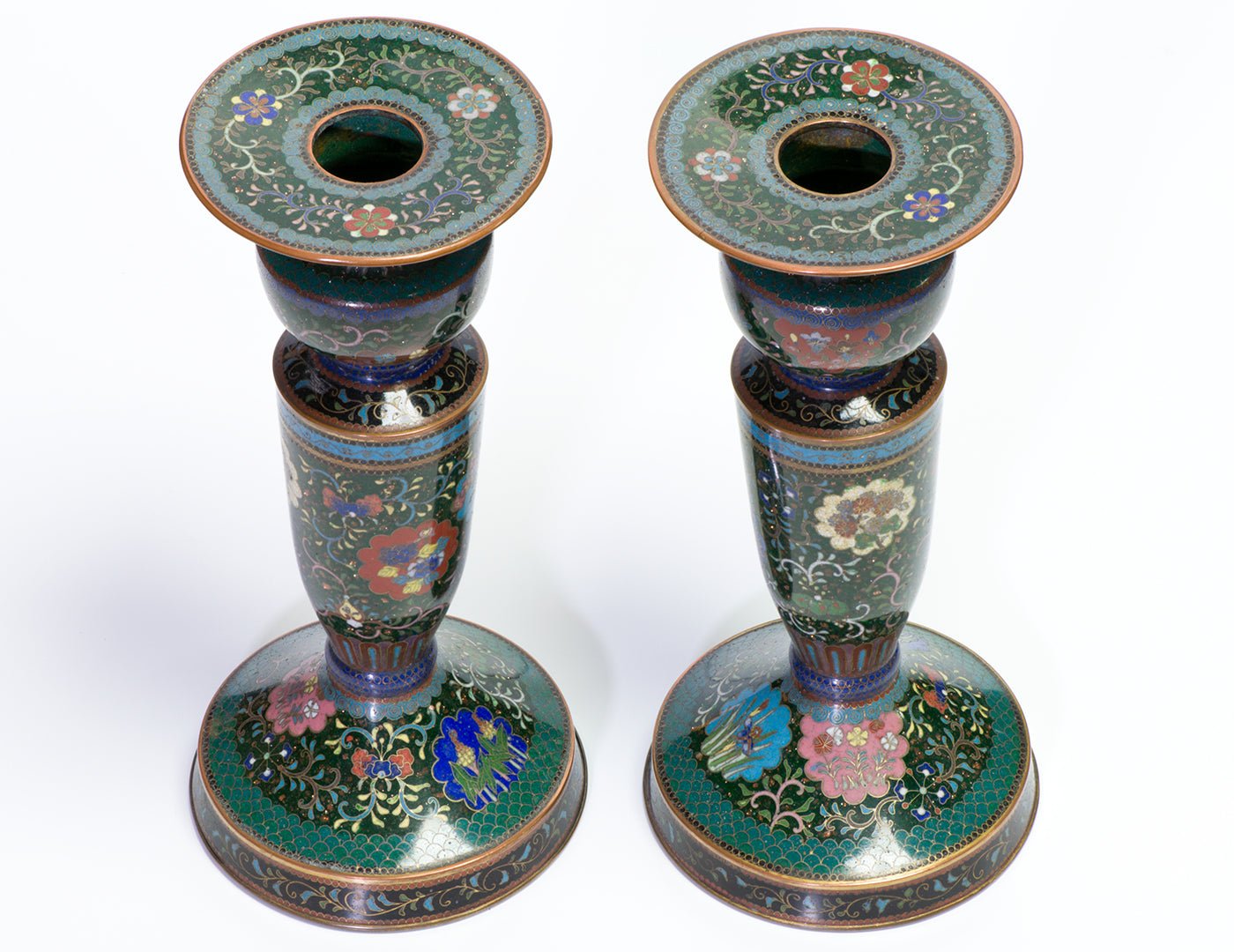 Pair of Antique Chinese Cloisonné Enamel Candlesticks