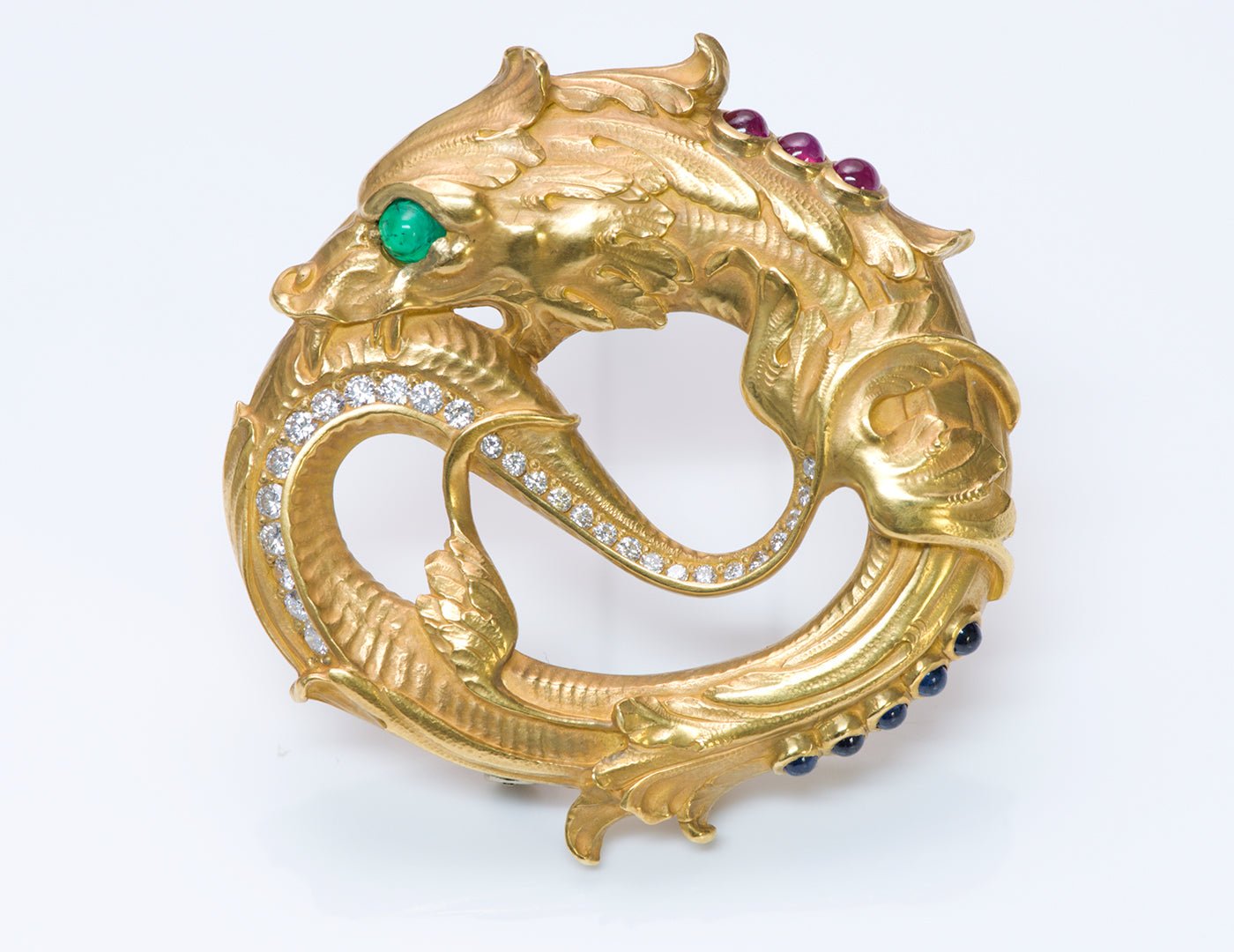 Paul Lantuch 18K Gold Diamond Emerald Sapphire Brooch