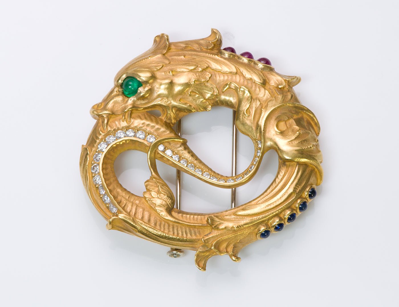 Paul Lantuch 18K Gold Diamond Emerald Sapphire Brooch