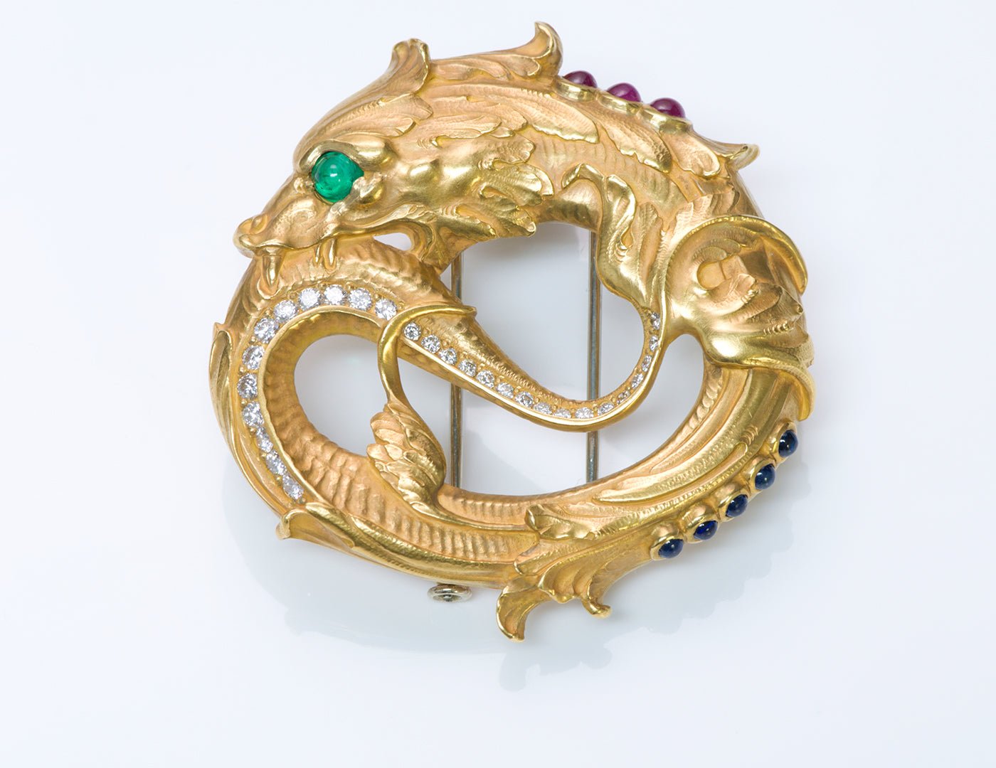 Paul Lantuch 18K Gold Diamond Emerald Sapphire Brooch