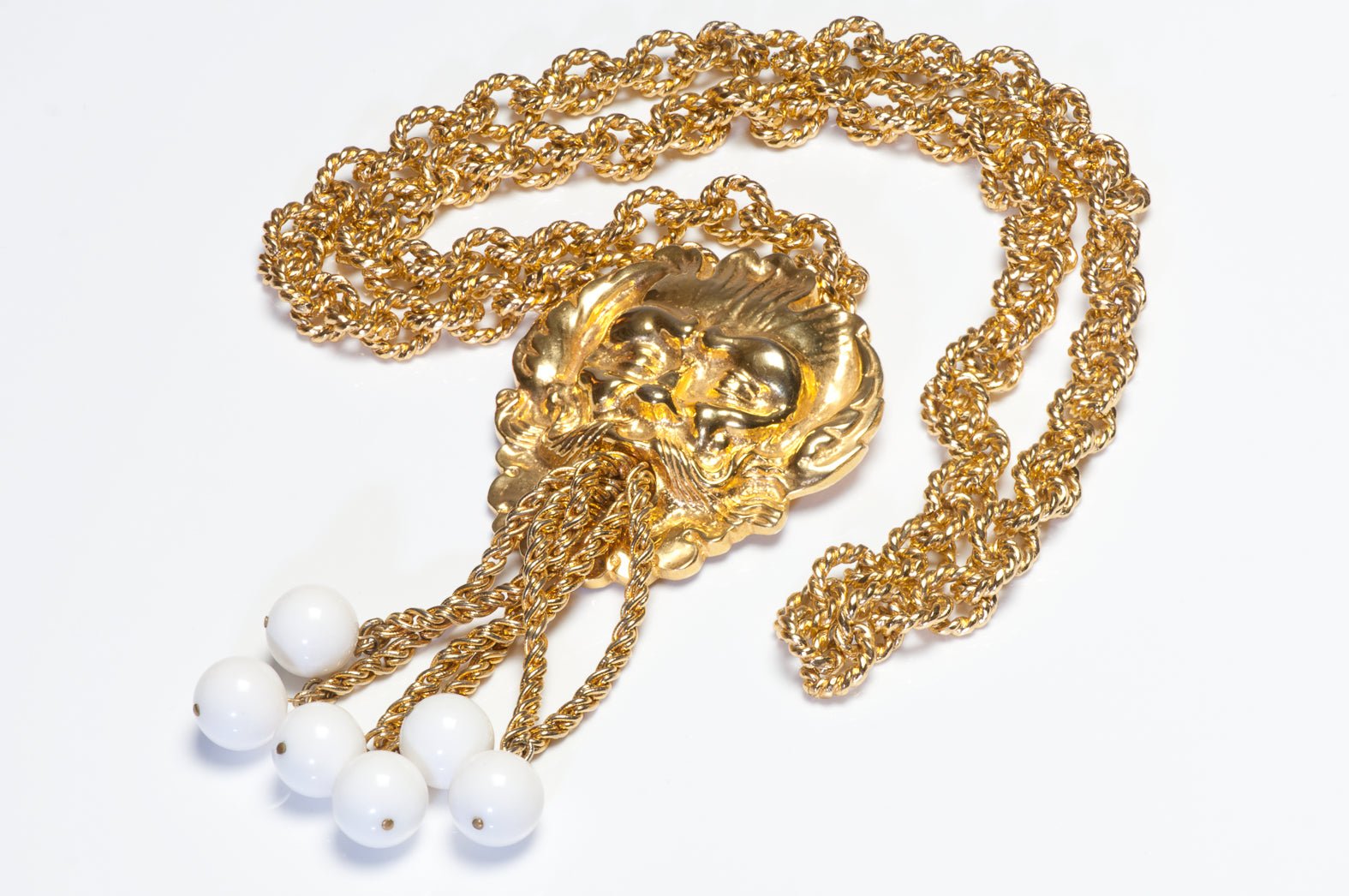Pauline Rader Mythological Chain Tassel White Beads Brooch Pendant Necklace