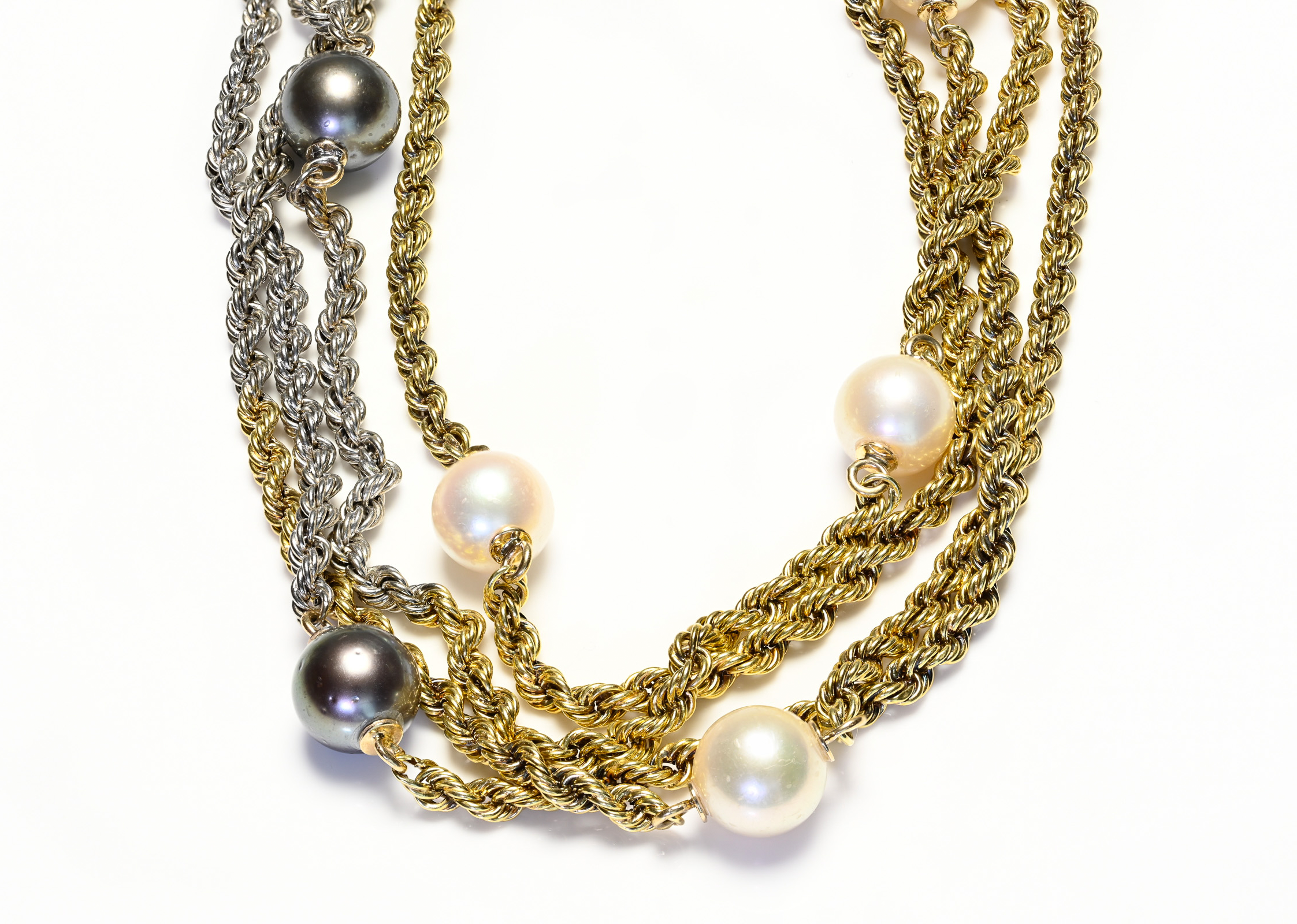 Vintage Two Tone Gold Rope Chain Grey White Pearl Long Necklace