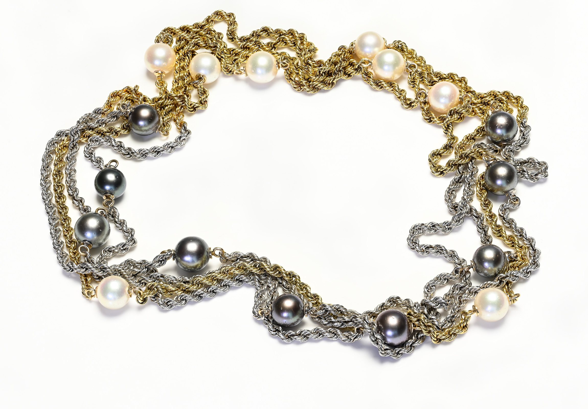 Vintage Two Tone Gold Rope Chain Grey White Pearl Long Necklace