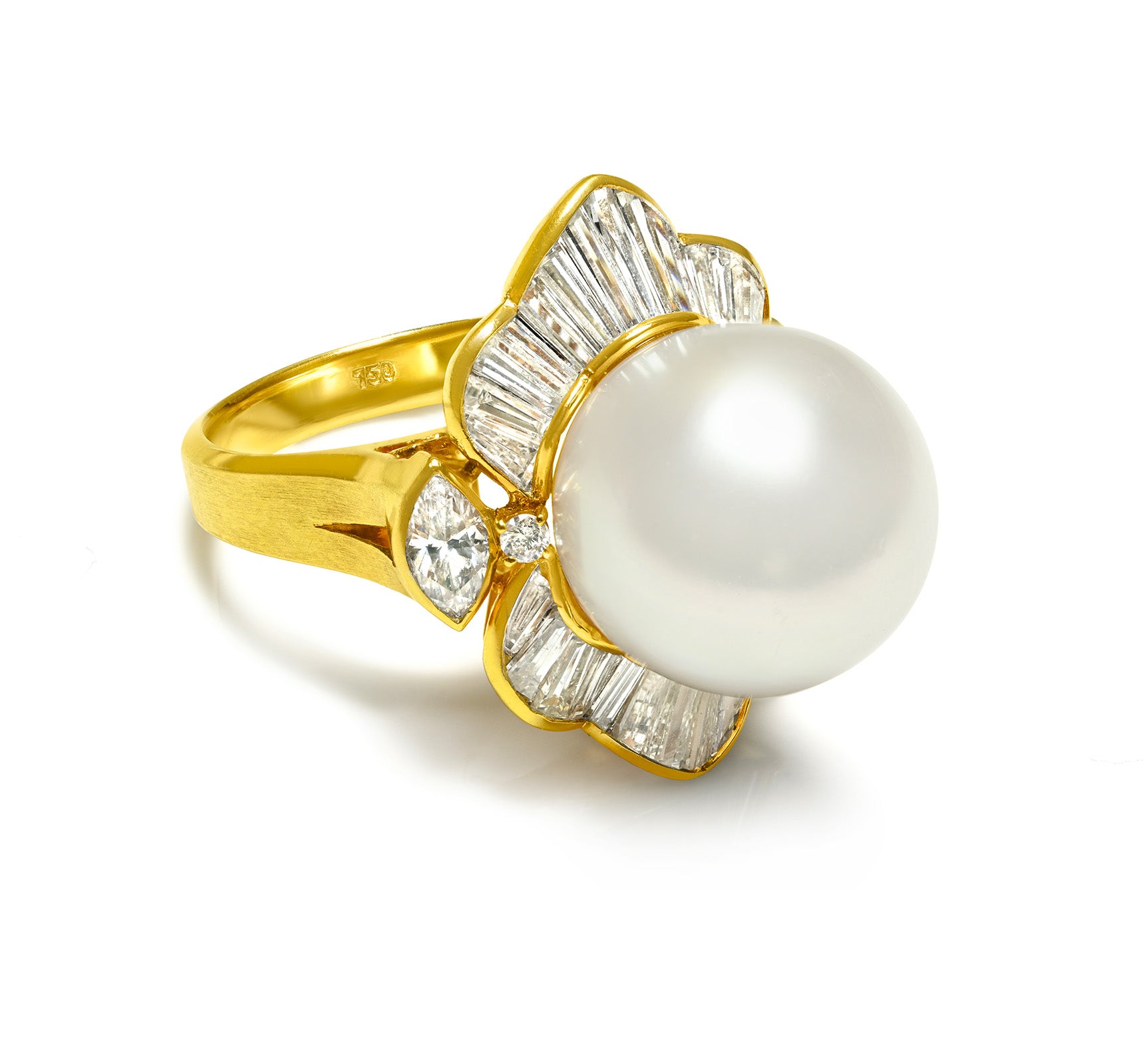 Opulent 18K Gold Pearl Ring with Marquise and Baguette Diamonds 5.46 CTW