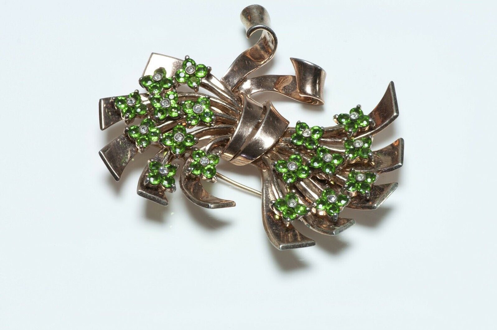 PENNINO 1940’s Sterling Silver Green Crystal Flower Bow Brooch