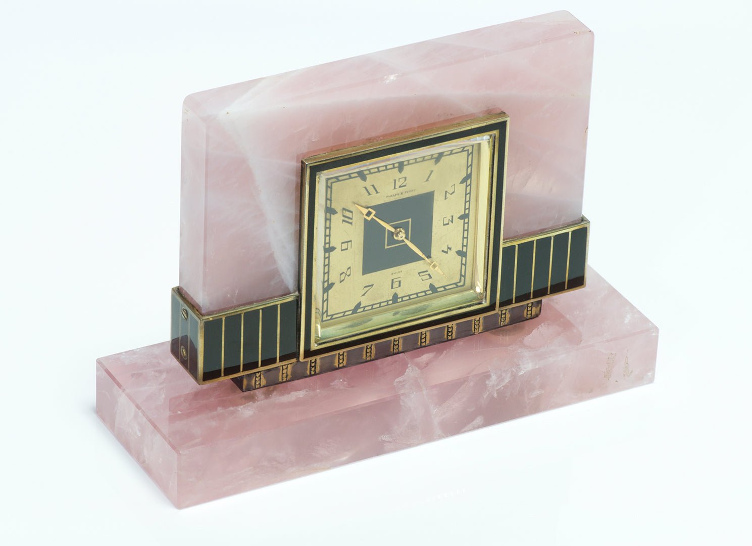 Phelps & Perry Art Deco Silver Enamel & Rose Quartz Clock