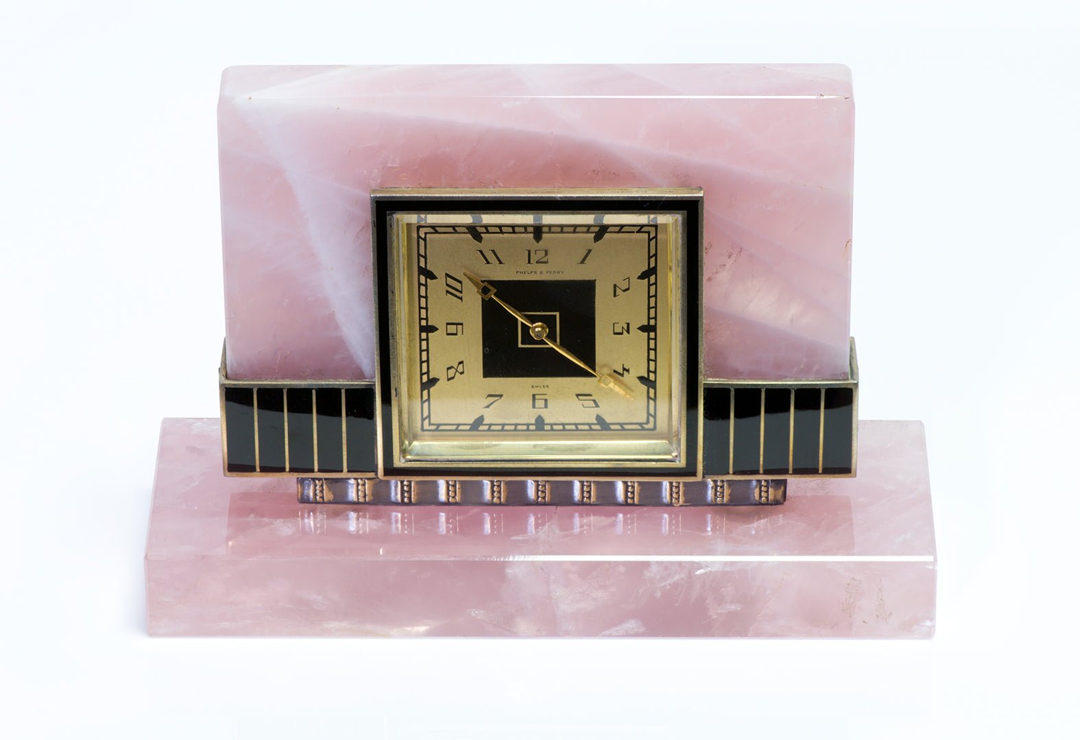 Phelps & Perry Art Deco Silver Enamel & Rose Quartz Clock