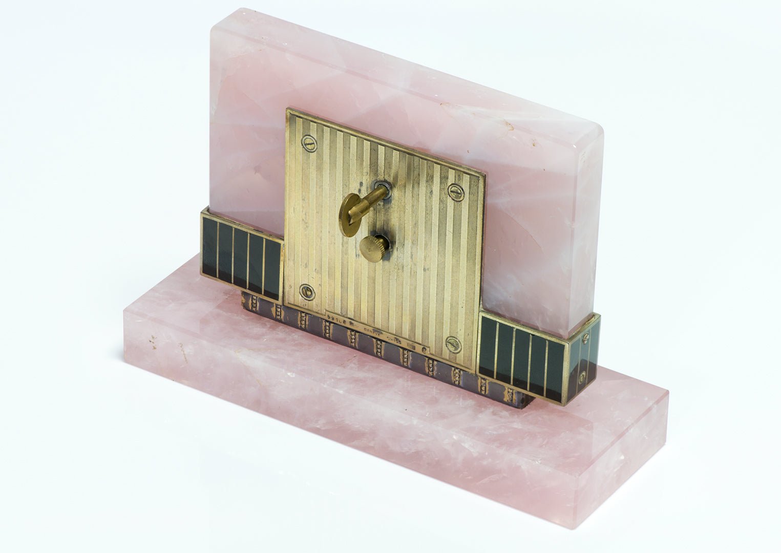 Phelps & Perry Art Deco Silver Enamel & Rose Quartz Clock
