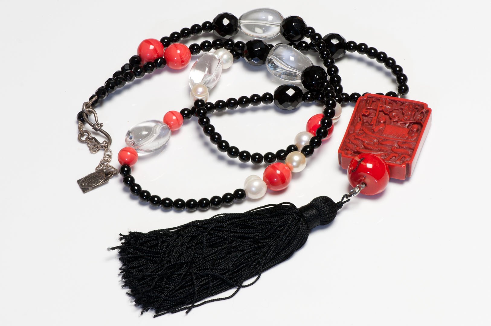 Philippe Ferrandis Asian Style Rock Crystal Pearl Black Glass Tassel Necklace