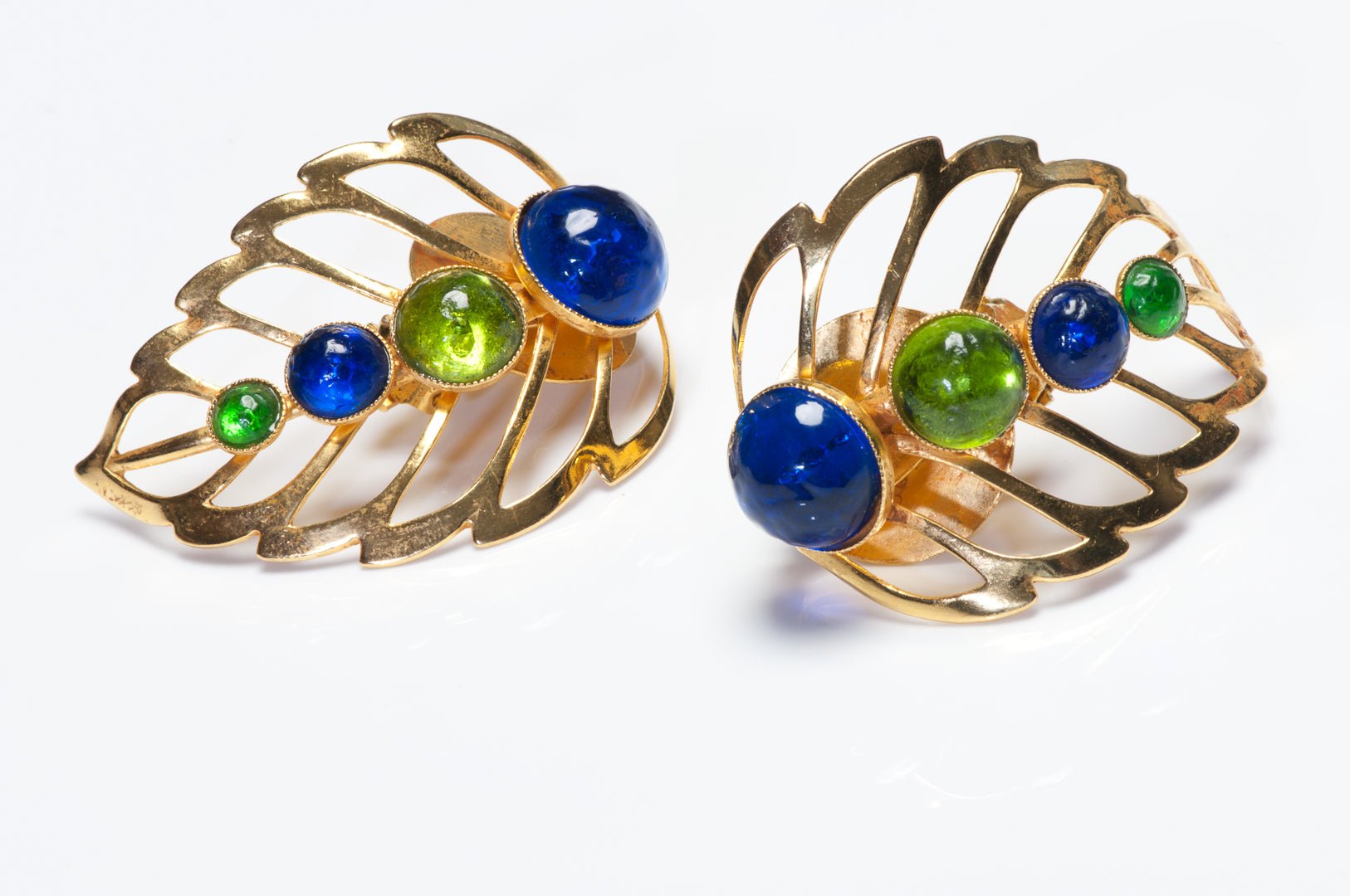 Philippe Ferrandis Paris Gold Plated Green Blue Poured Glass Leaf Earrings