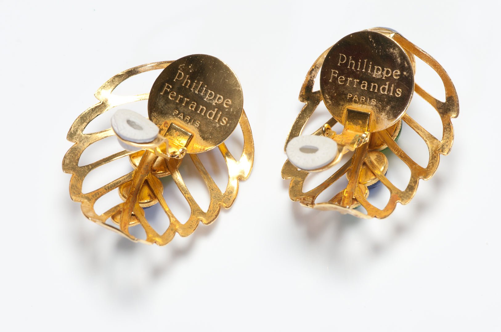 Philippe Ferrandis Paris Gold Plated Green Blue Poured Glass Leaf Earrings