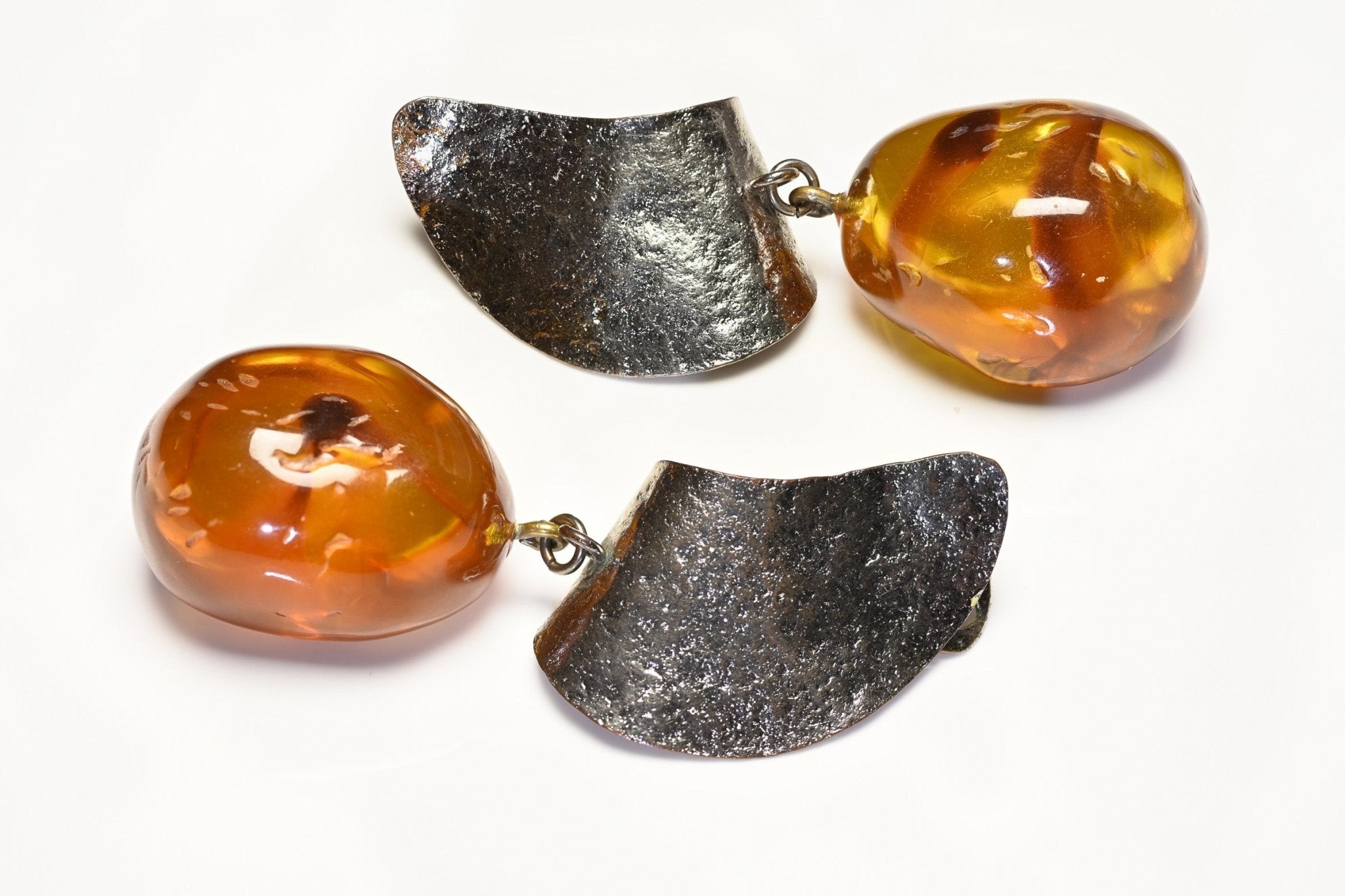 Philippe Ferrandis Paris Long Hammered Silver Tone Amber Drop Earrings