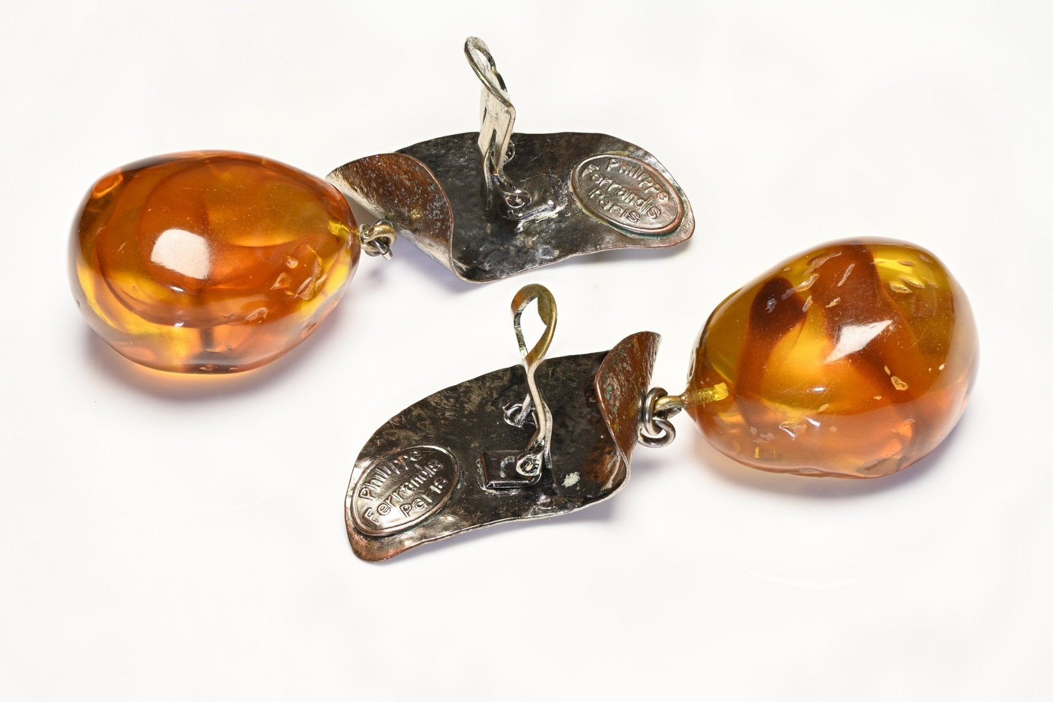 Philippe Ferrandis Paris Long Hammered Silver Tone Amber Drop Earrings