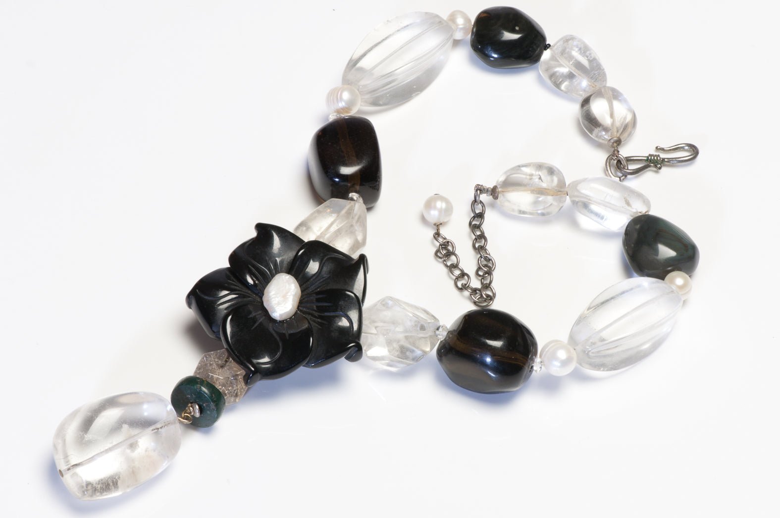 Philippe Ferrandis Paris Rock Crystal Agate Pearl Camellia Flower Necklace