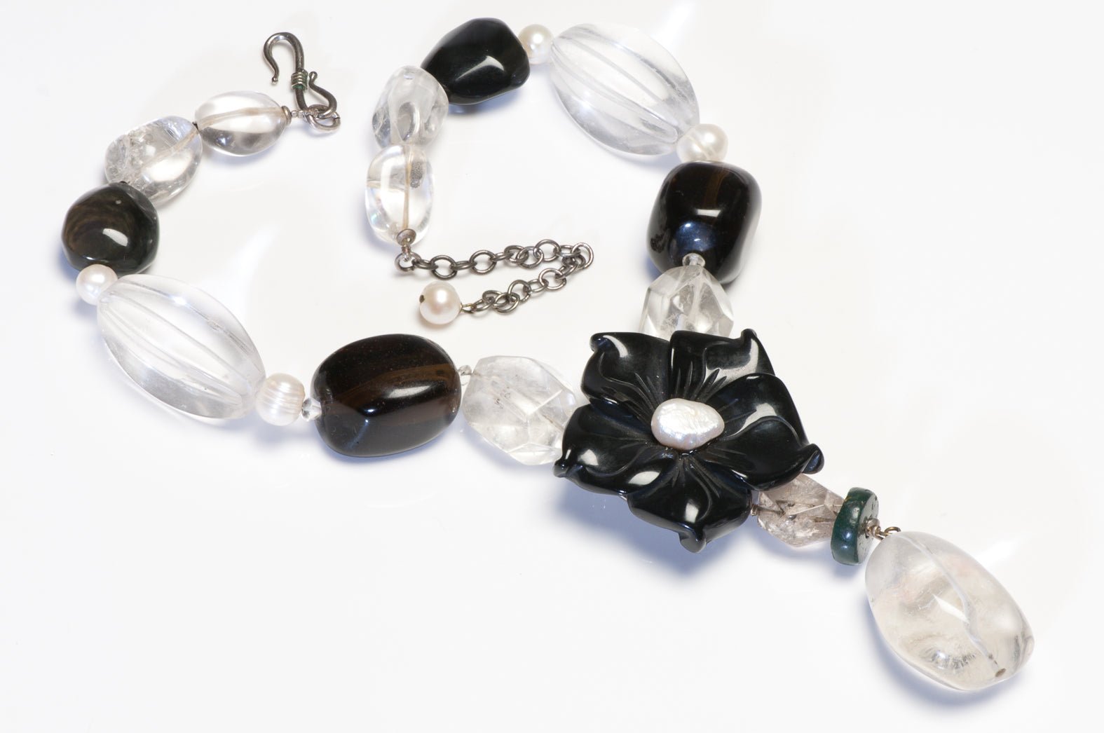 Philippe Ferrandis Paris Rock Crystal Agate Pearl Camellia Flower Necklace