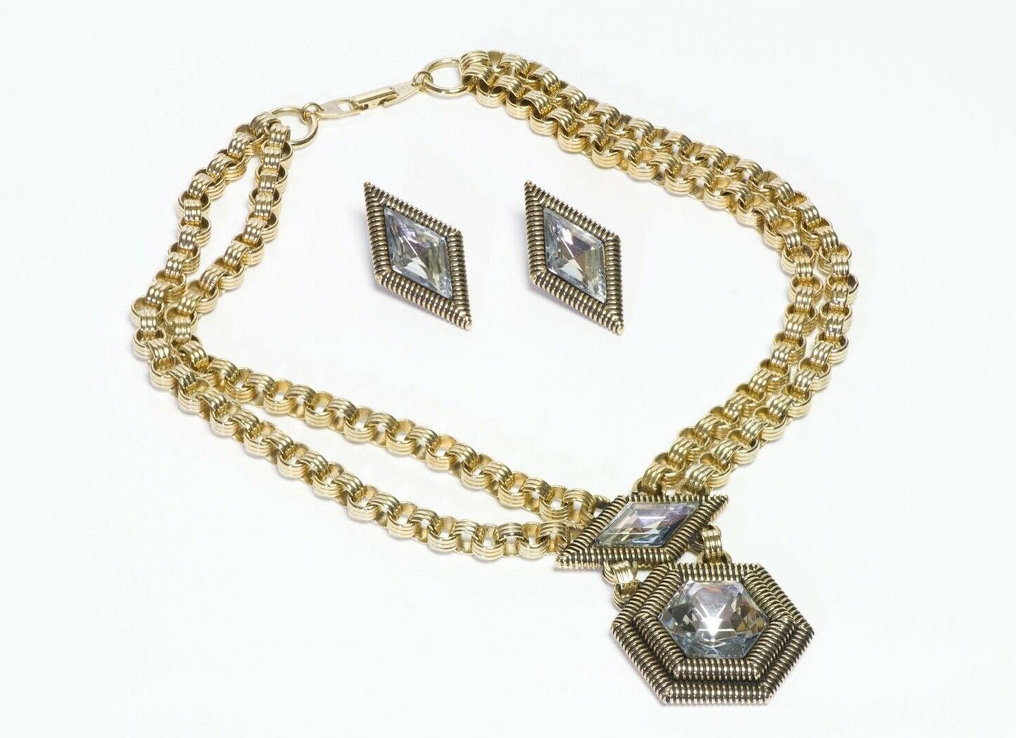 Pierre Cardin 1970’s Chain Geometric Crystal Necklace Earrings Set