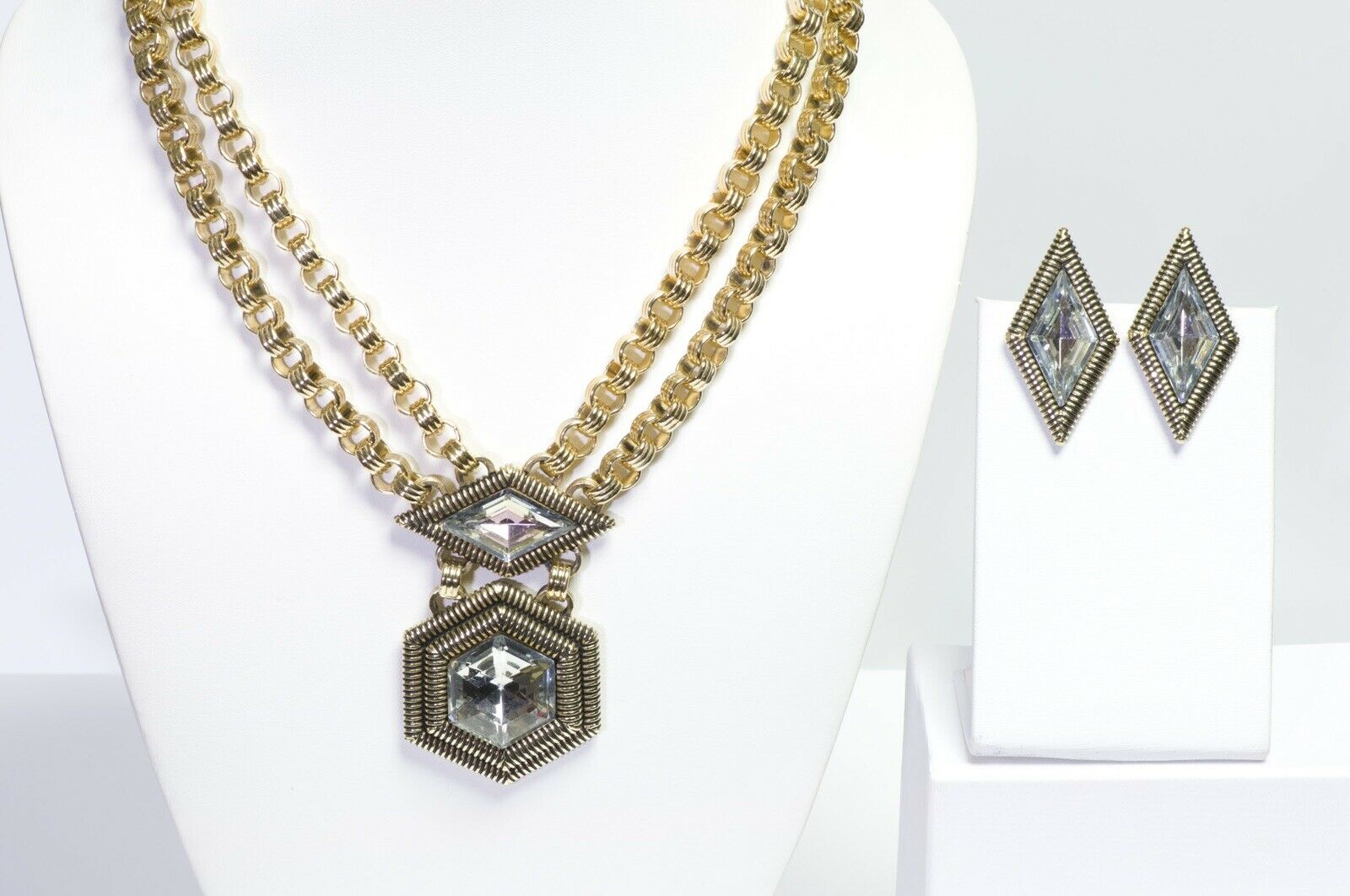 Pierre Cardin 1970’s Chain Geometric Crystal Necklace Earrings Set