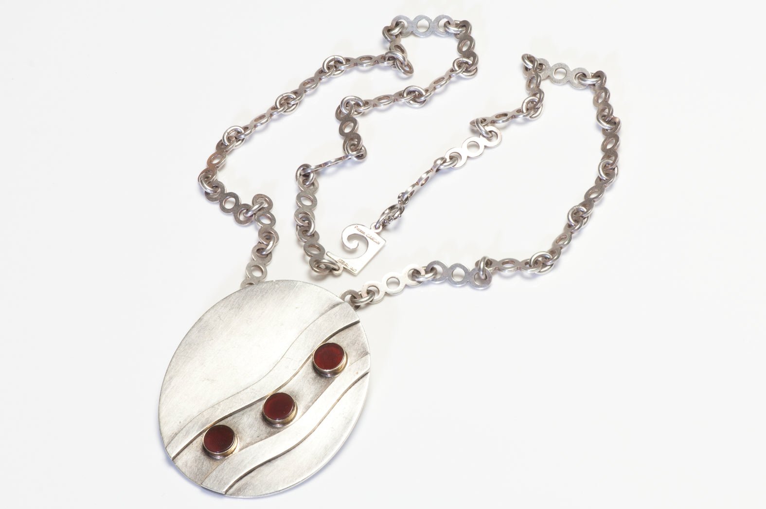 Pierre Cardin 1970’s Sterling Silver 14K Gold Carnelian Chain Pendant Necklace