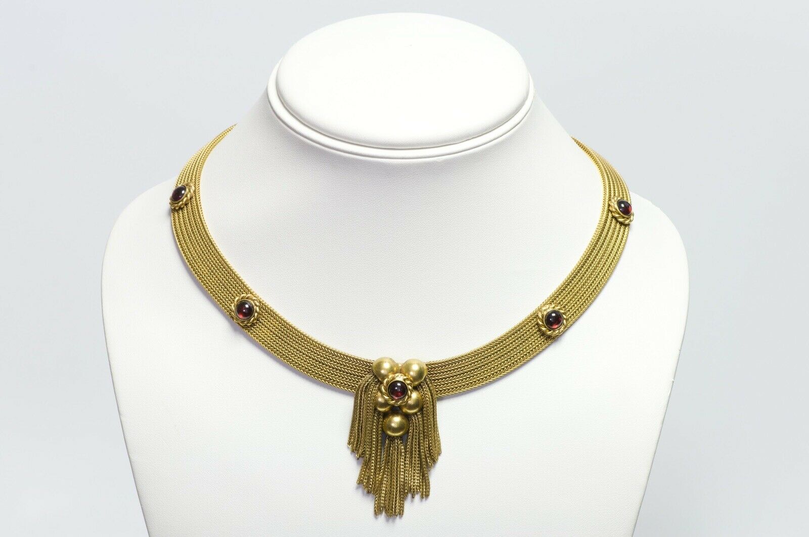 Pierre Lorion Sylvia Karels Etruscan Revival Style Red Glass Tassel Necklace