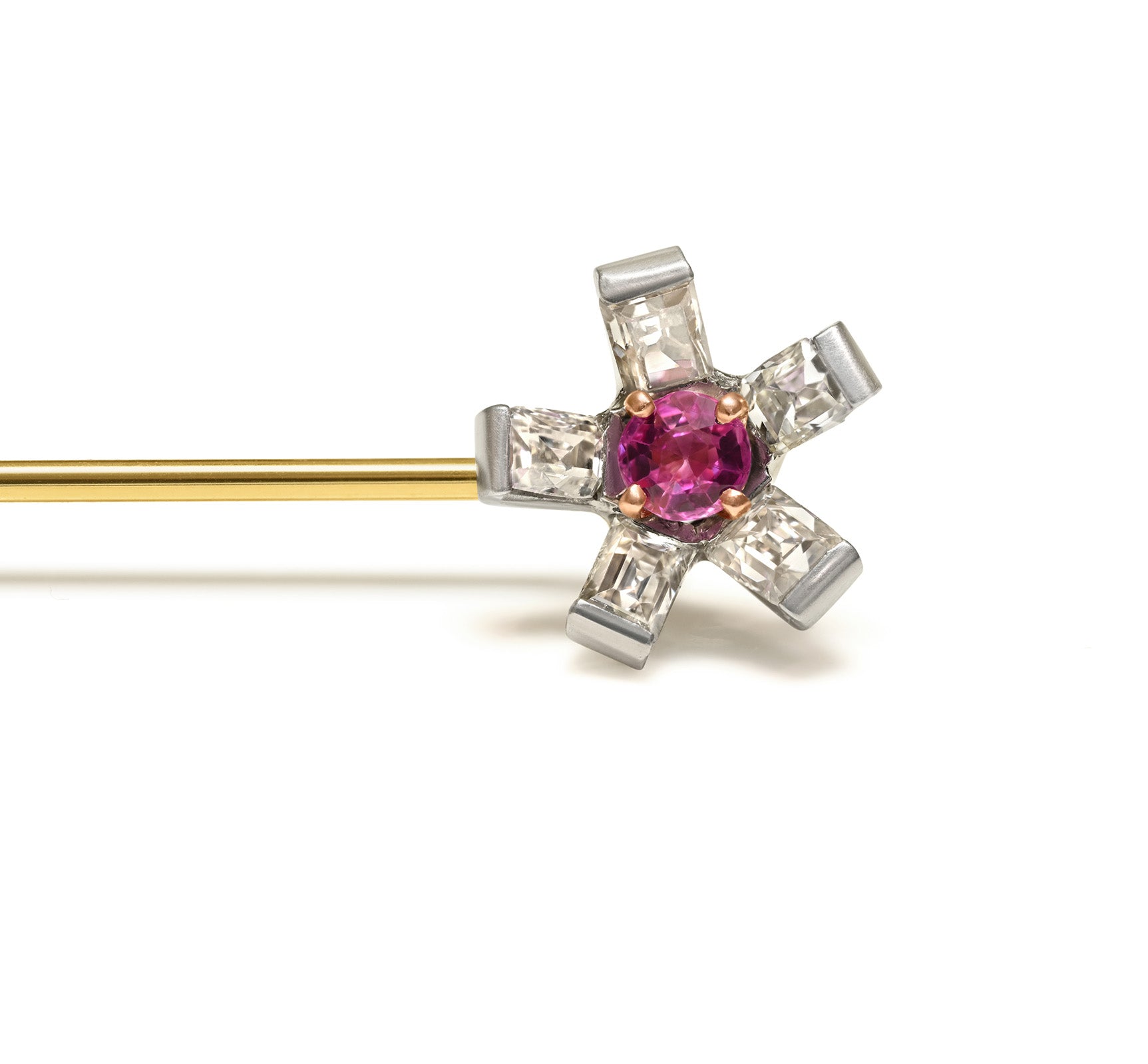 Pink Sapphire and Diamond Starburst Stick Pin in Platinum and Gold vtg