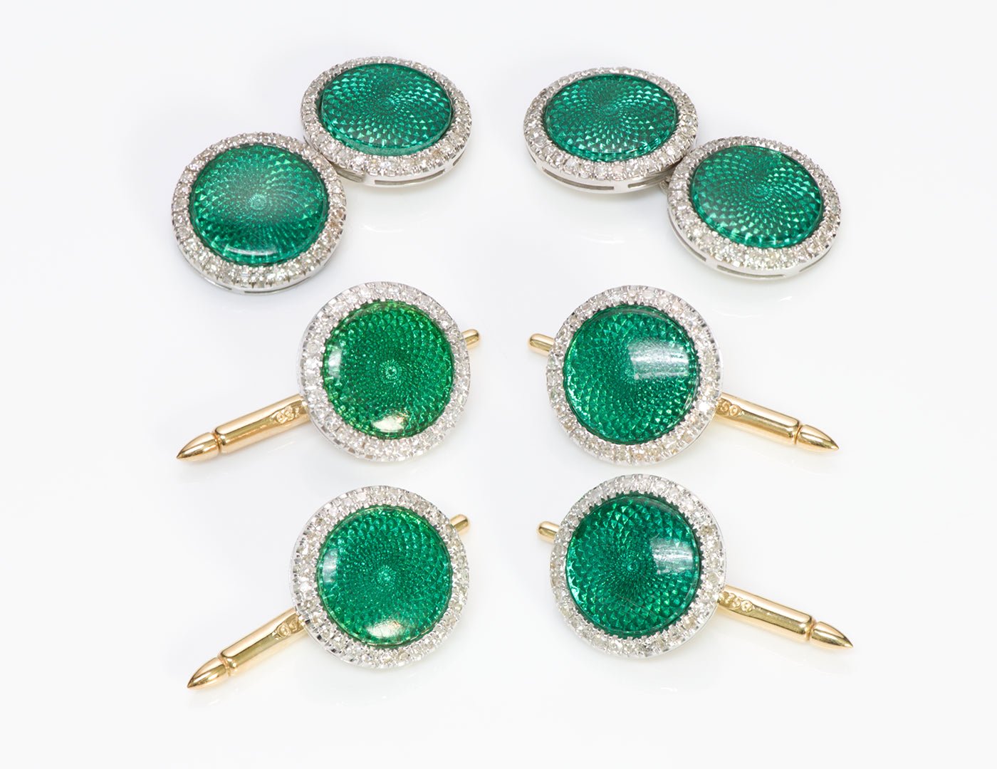 Platinum Guilloche Green Enamel Diamond Cufflink Stud Set