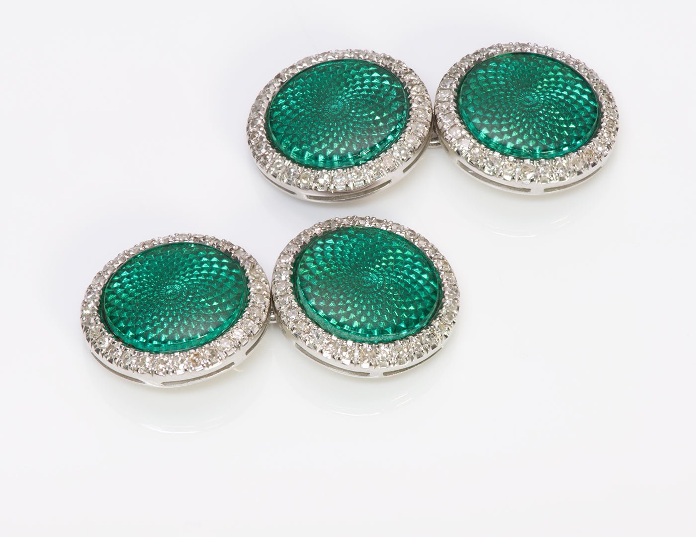 Platinum Guilloche Green Enamel Diamond Cufflink Stud Set