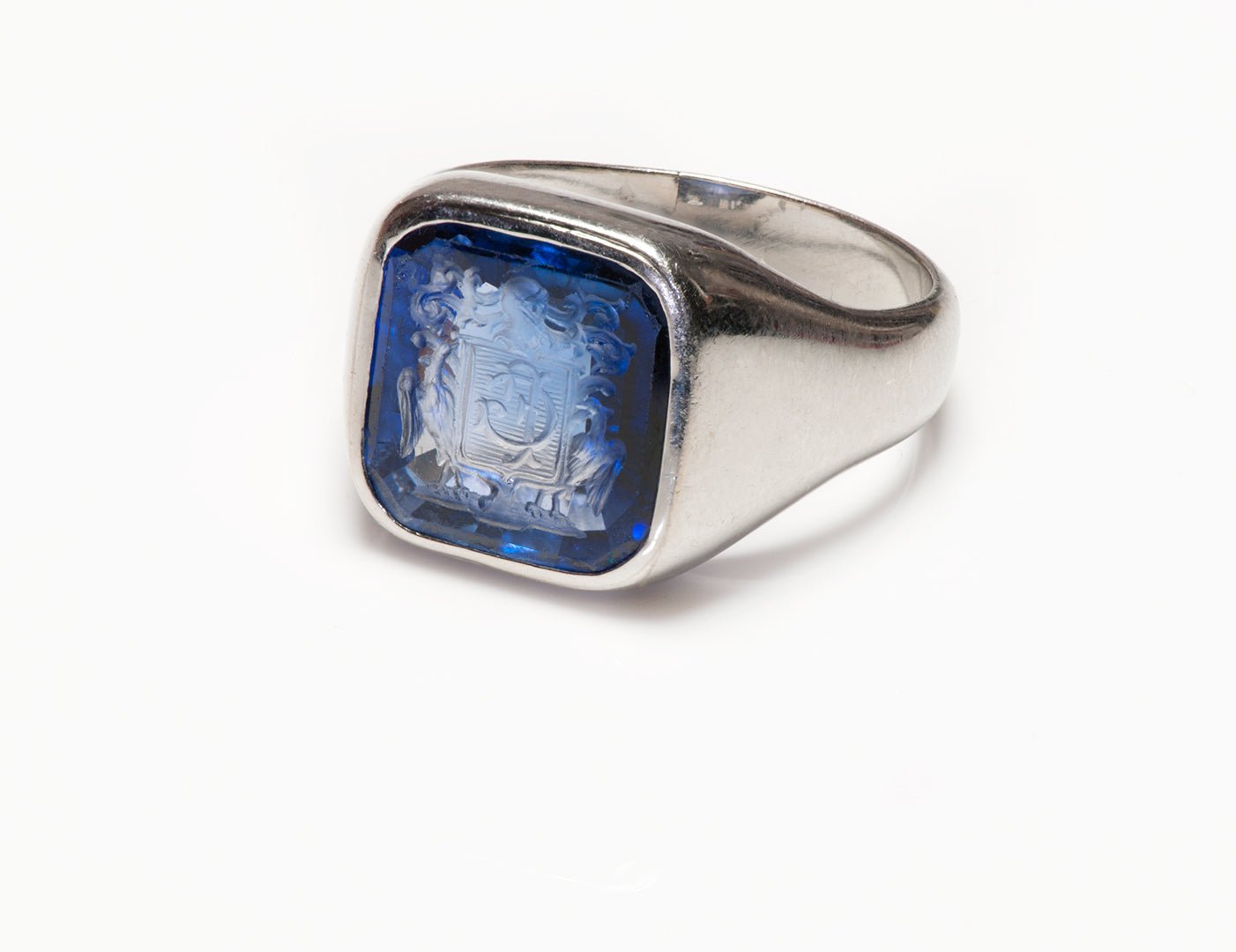 Platinum Synthetic Sapphire Intaglio Signet Men's Ring