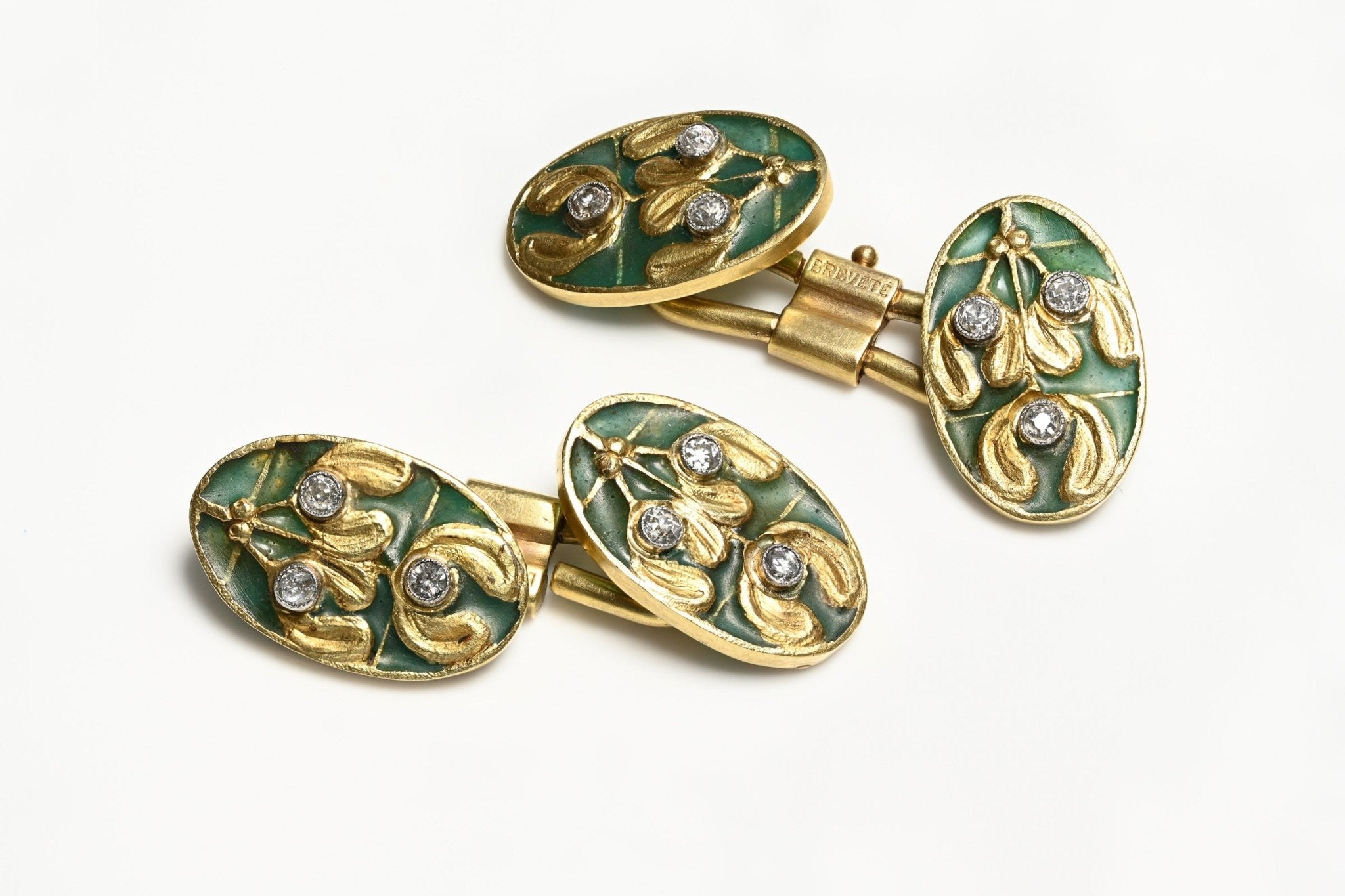 Plique a Jour Enamel 18K Gold Diamond Mistletoe Cufflinks