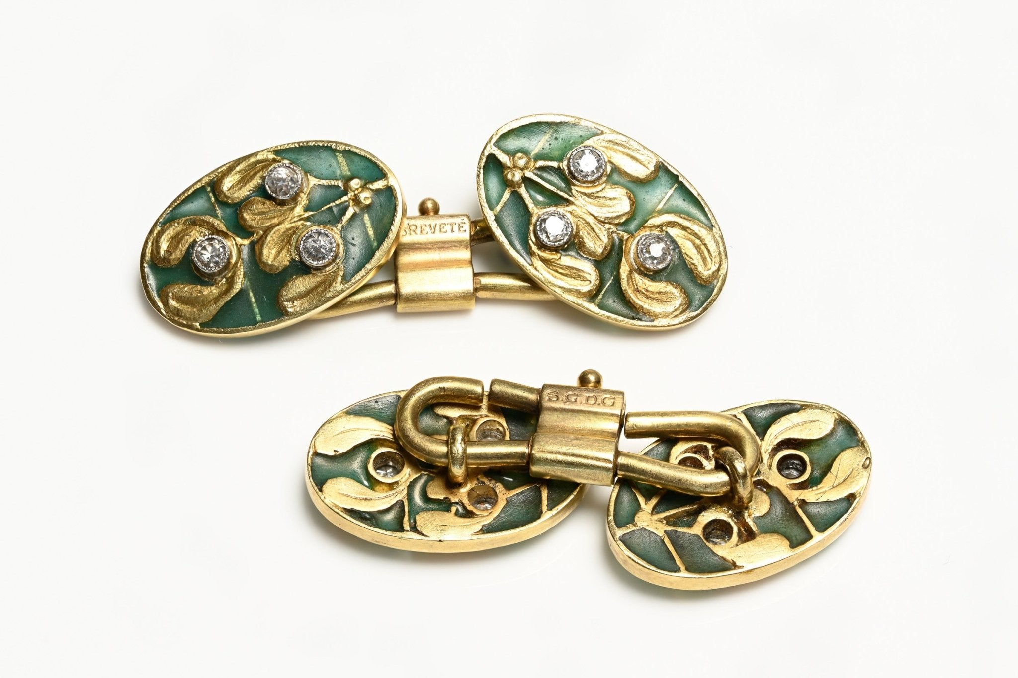 Plique a Jour Enamel 18K Gold Diamond Mistletoe Cufflinks