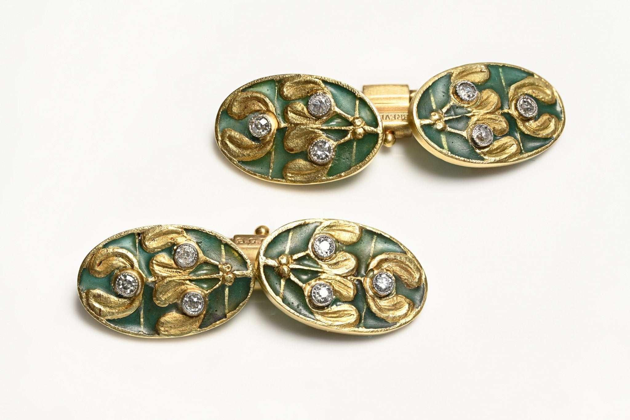 Plique a Jour Enamel 18K Gold Diamond Mistletoe Cufflinks