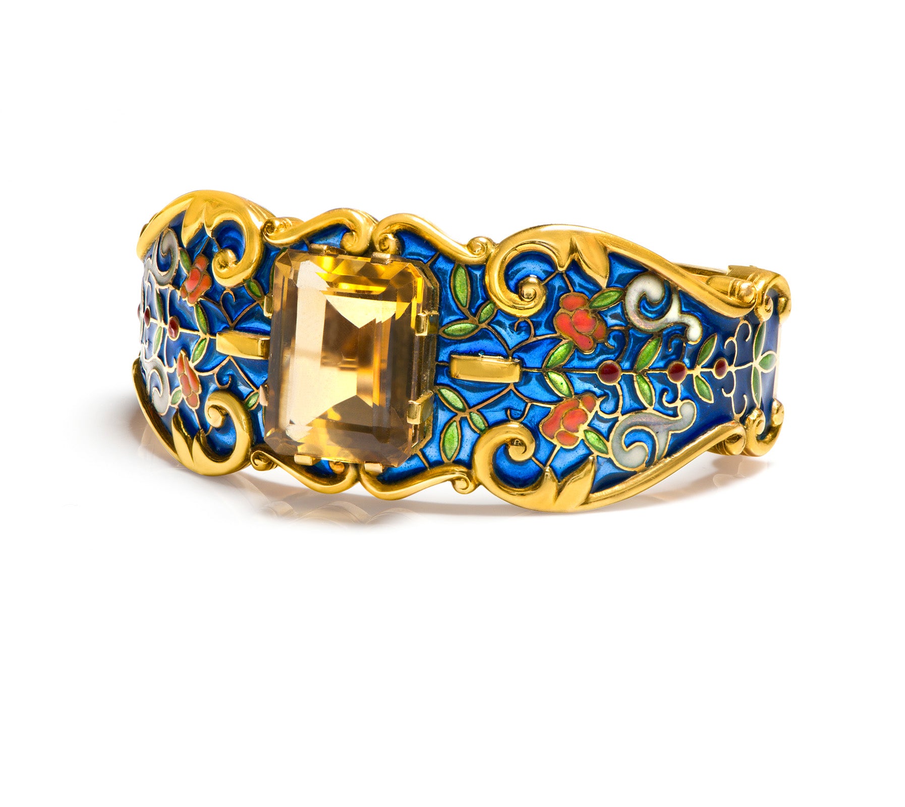 Vintage Plique a Jour Gold Citrine Cuff Bracelet