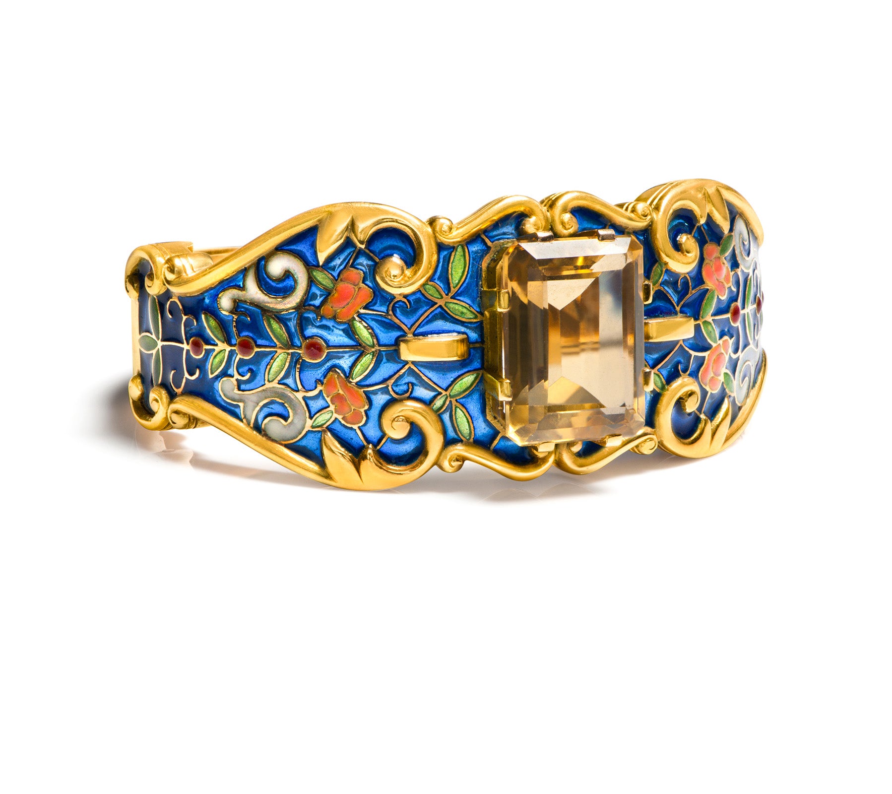 Vintage Plique a Jour Gold Citrine Cuff Bracelet Antique