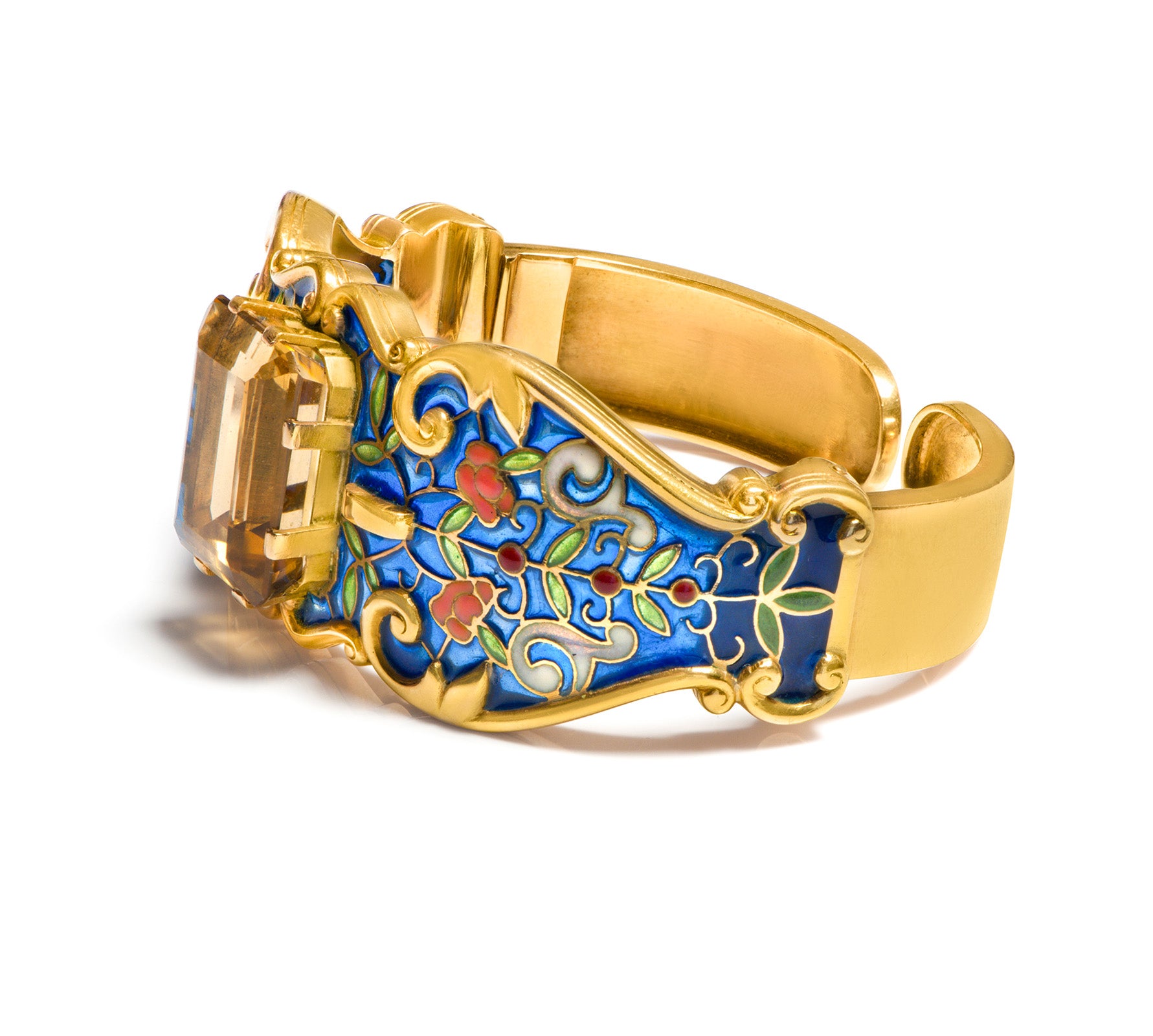 Vintage Plique a Jour Gold Citrine Cuff Bracelet