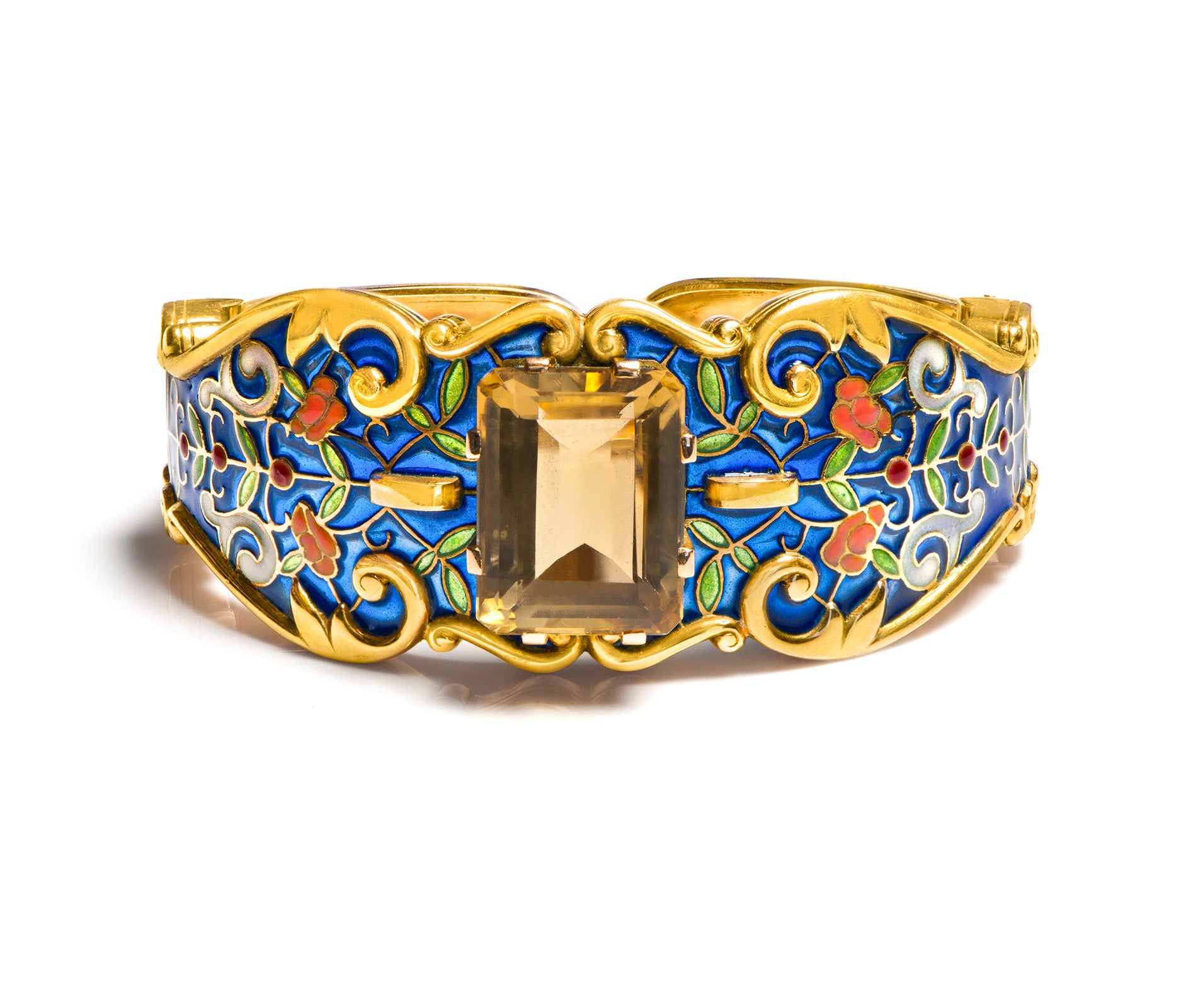 Vintage Plique a Jour Gold Citrine Cuff Bracelet