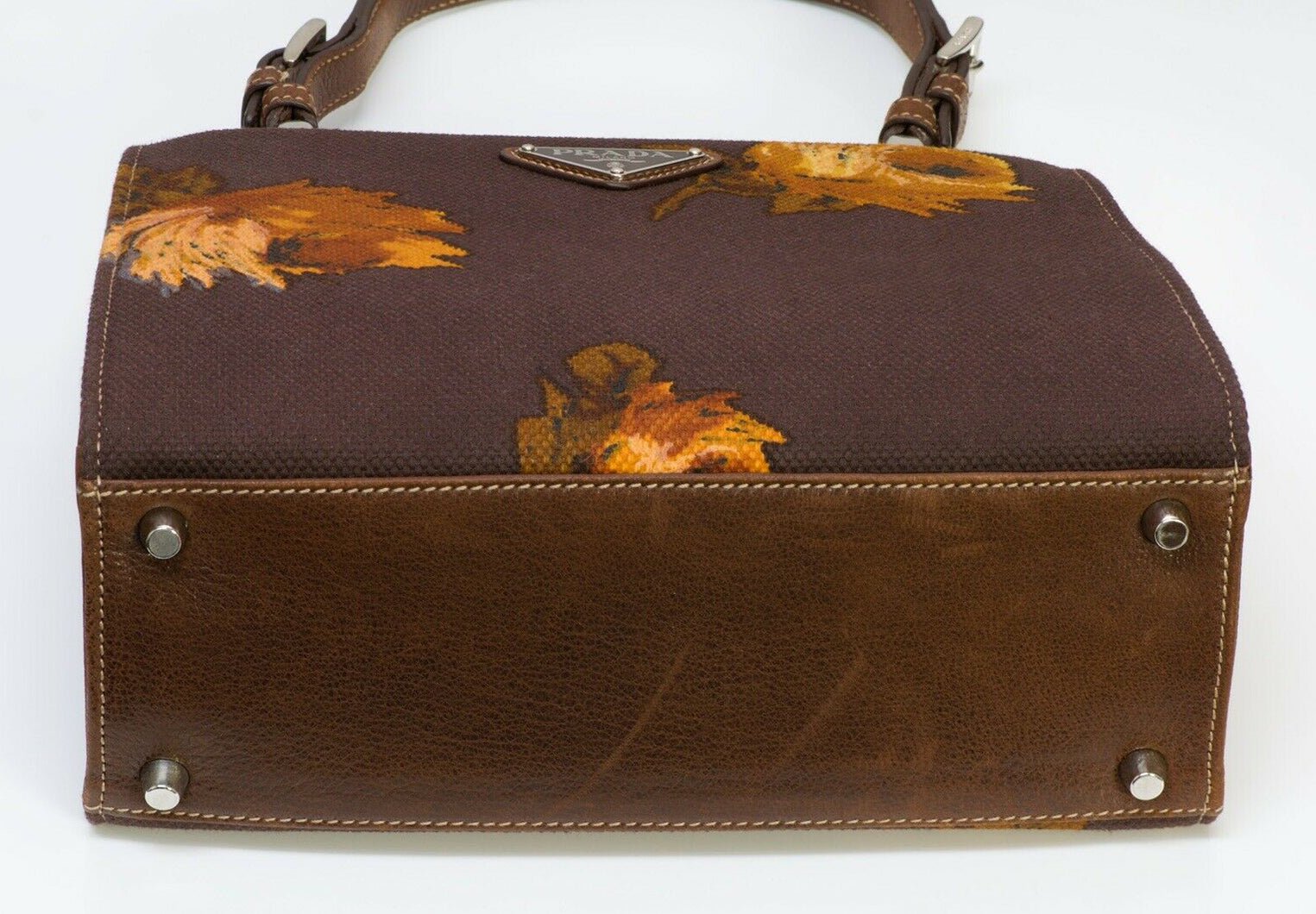 PRADA 2005 Madras Cerniera Brown Canvas Leather Embroidered Flower Print Bag