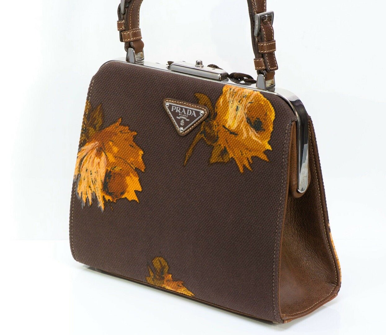 PRADA 2005 Madras Cerniera Brown Canvas Leather Embroidered Flower Print Bag