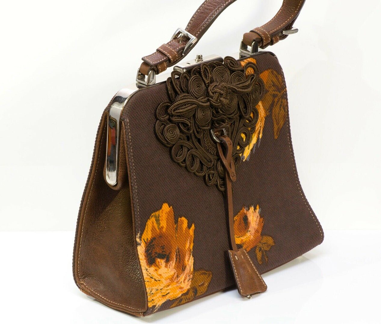 PRADA 2005 Madras Cerniera Brown Canvas Leather Embroidered Flower Print Bag
