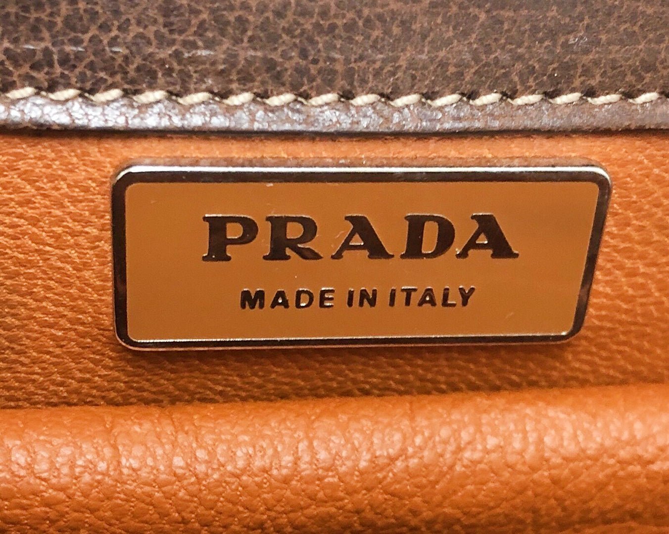PRADA 2005 Madras Cerniera Brown Canvas Leather Embroidered Flower Print Bag