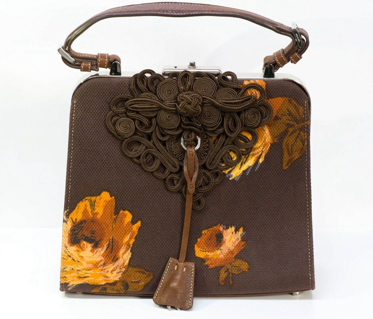 PRADA 2005 Madras Cerniera Brown Canvas Leather Embroidered Flower Print Bag