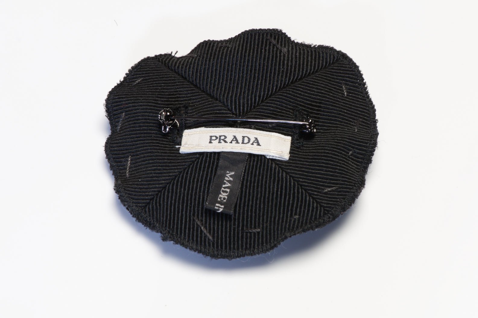Prada Black Grosgrain Silk Ribbon Crystal Flower Brooch
