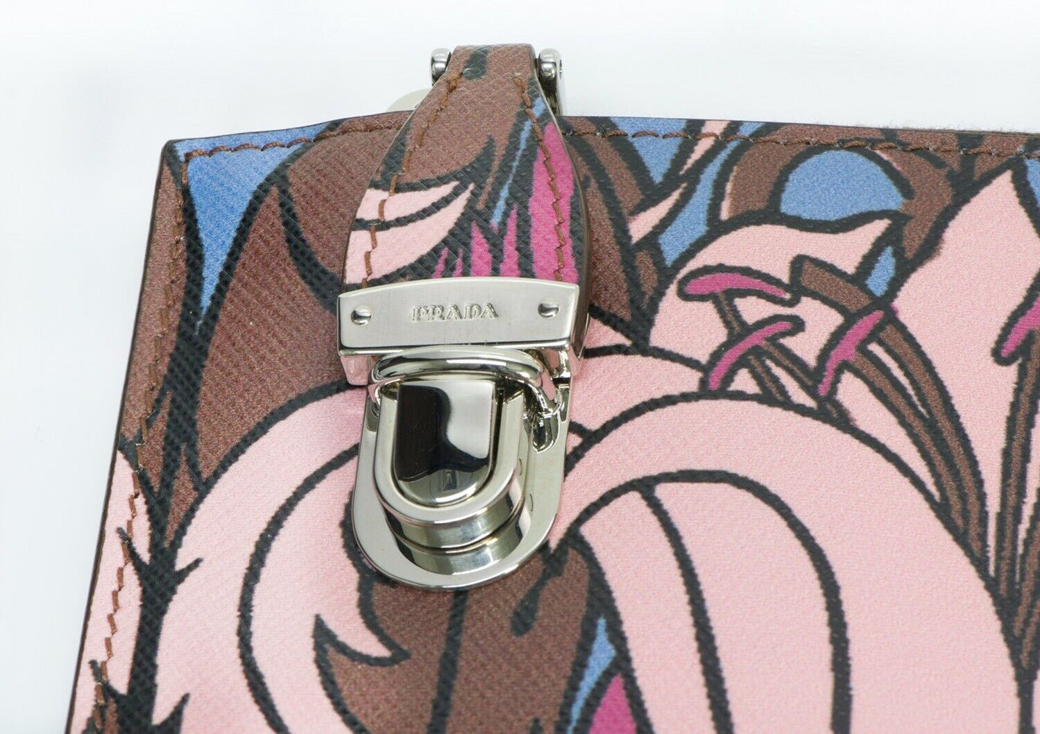 PRADA Lily Flower Print Brown Pink Leather Clutch Bag