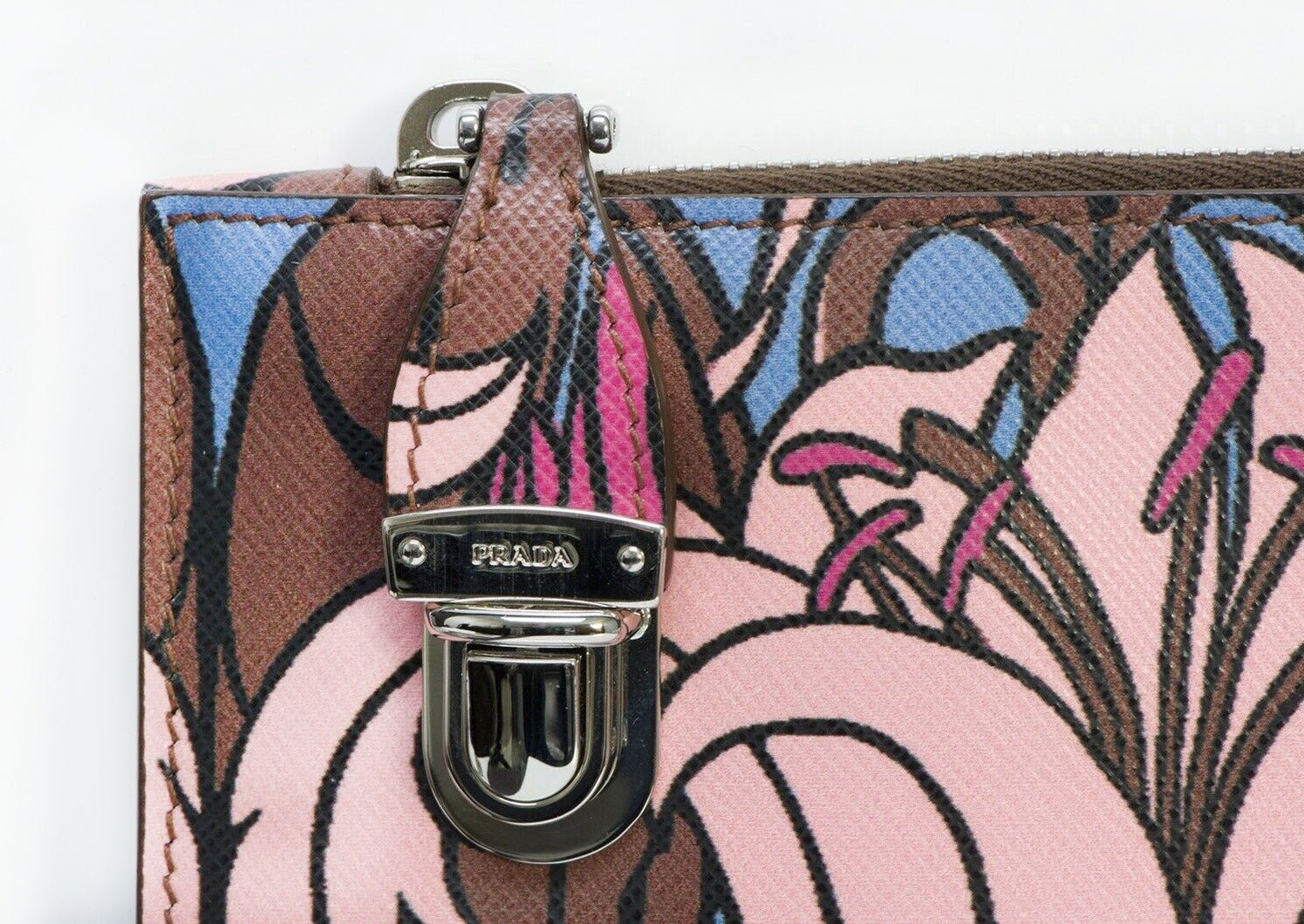 PRADA Lily Flower Print Brown Pink Leather Clutch Bag