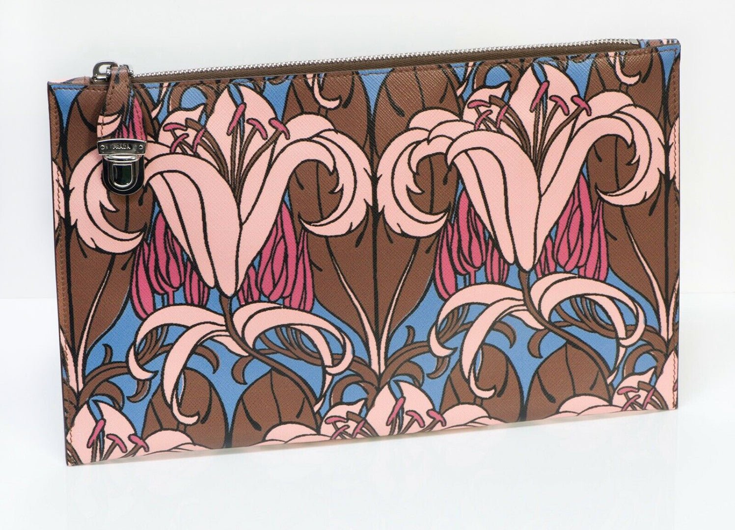 PRADA Lily Flower Print Brown Pink Leather Clutch Bag