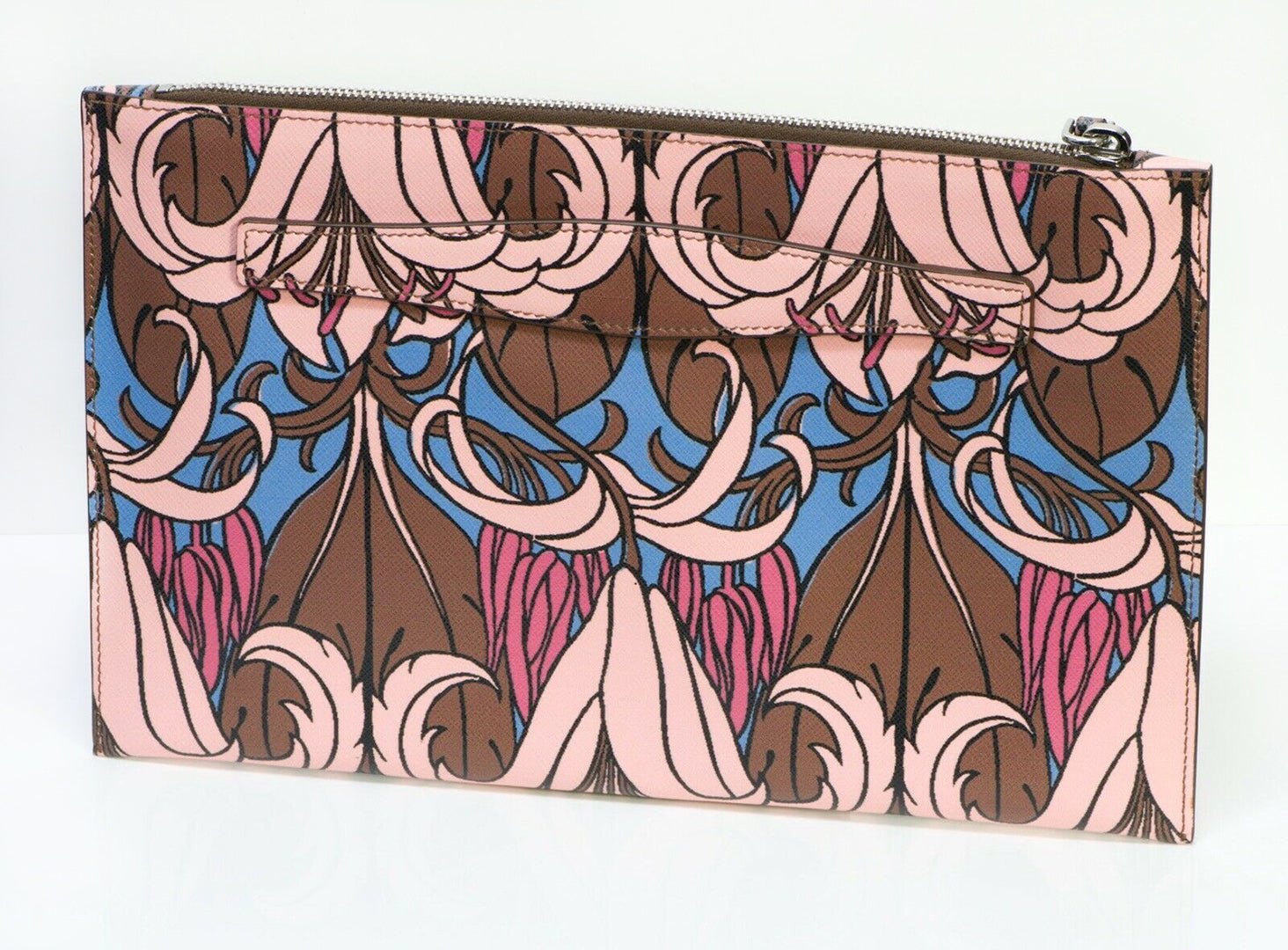 PRADA Lily Flower Print Brown Pink Leather Clutch Bag