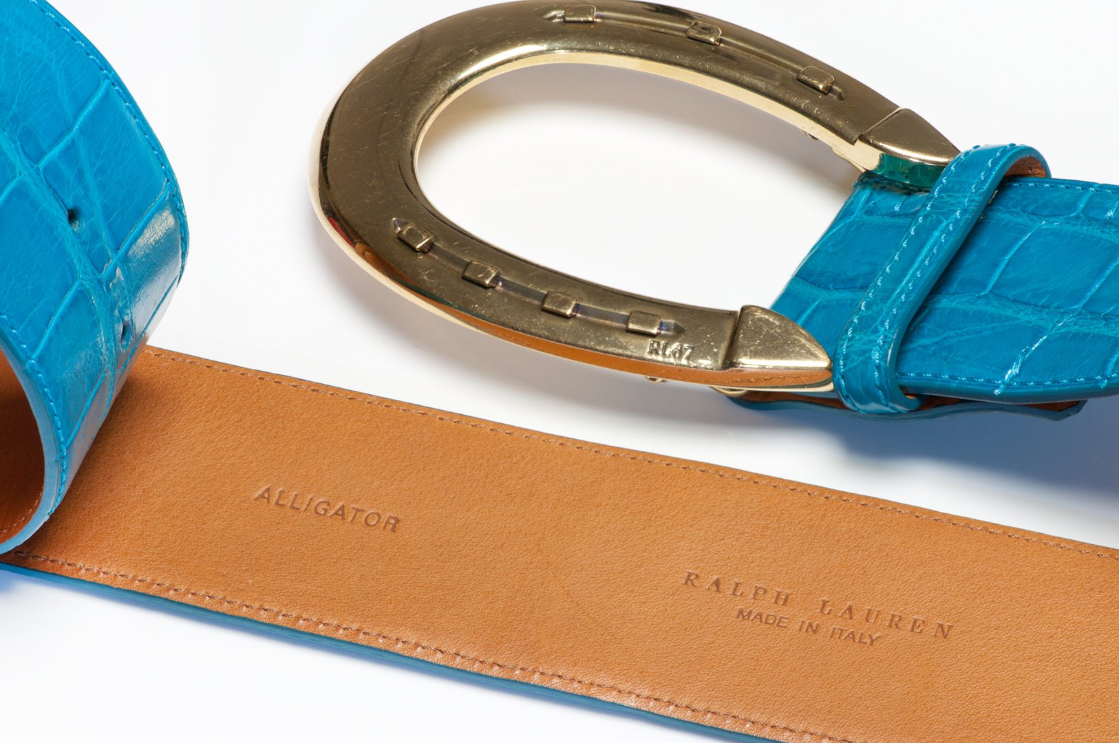 Ralph Lauren RL Turquoise Blue Alligator Wide Horseshoe Buckle Women’s Belt